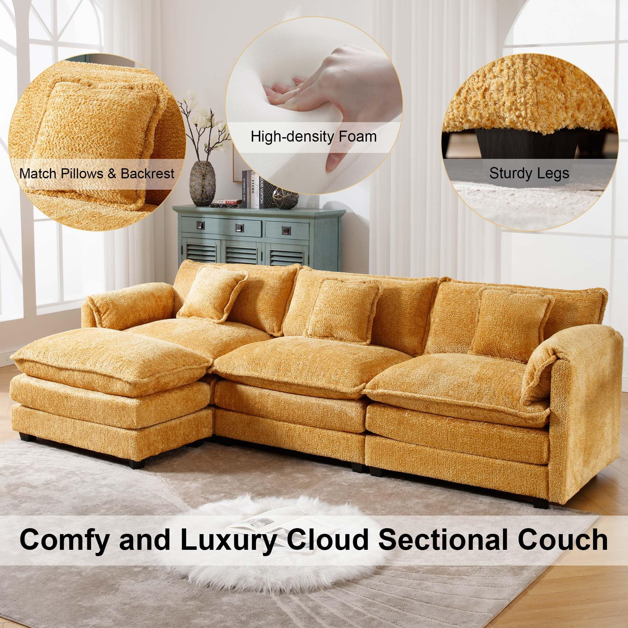 GNIXUU 112" Oversized Sectional Sofa Cloud Couch for Living Room, Modern Chenille L Shaped Couch, Comfy Boucle Modular Sofa Sleeper with Moveable Ottoman & Memory Foam (Green) - Image 23