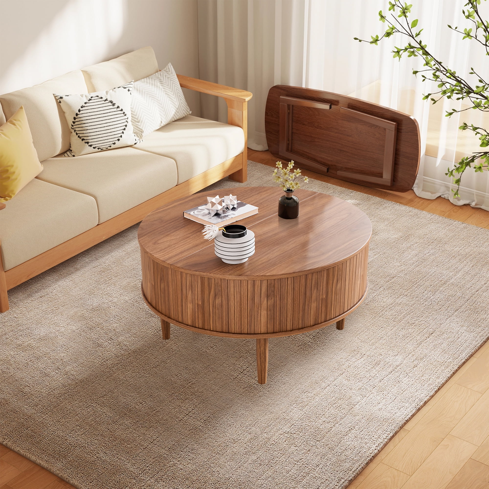 Oubayajia Round Coffee Table, Small Fluted Lift Top Center Table for Home Living Room Office, Walnut - Image 5