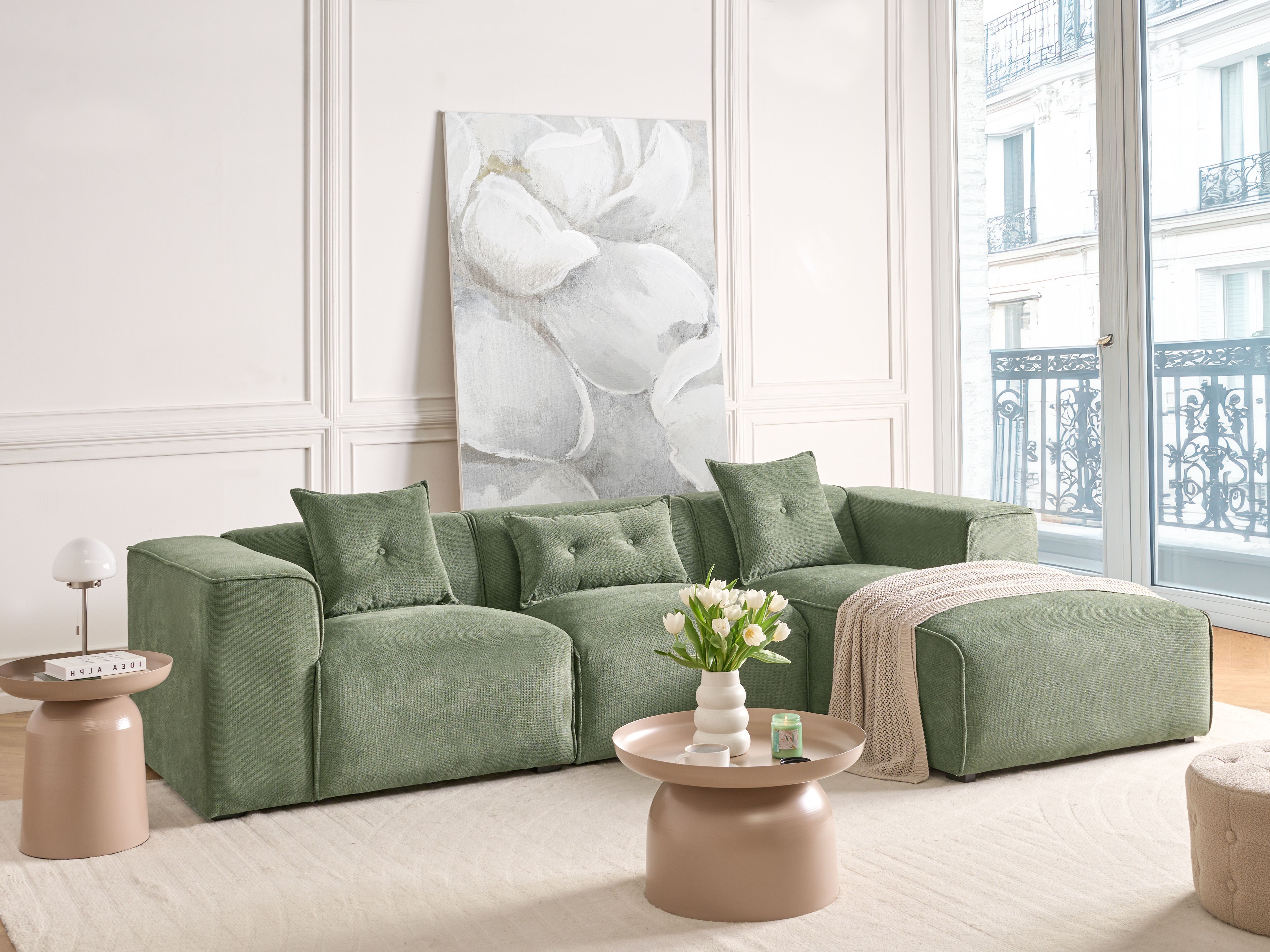 Corner Sofa 3 Seater DOLVA Chenille Dark Green Left Hand