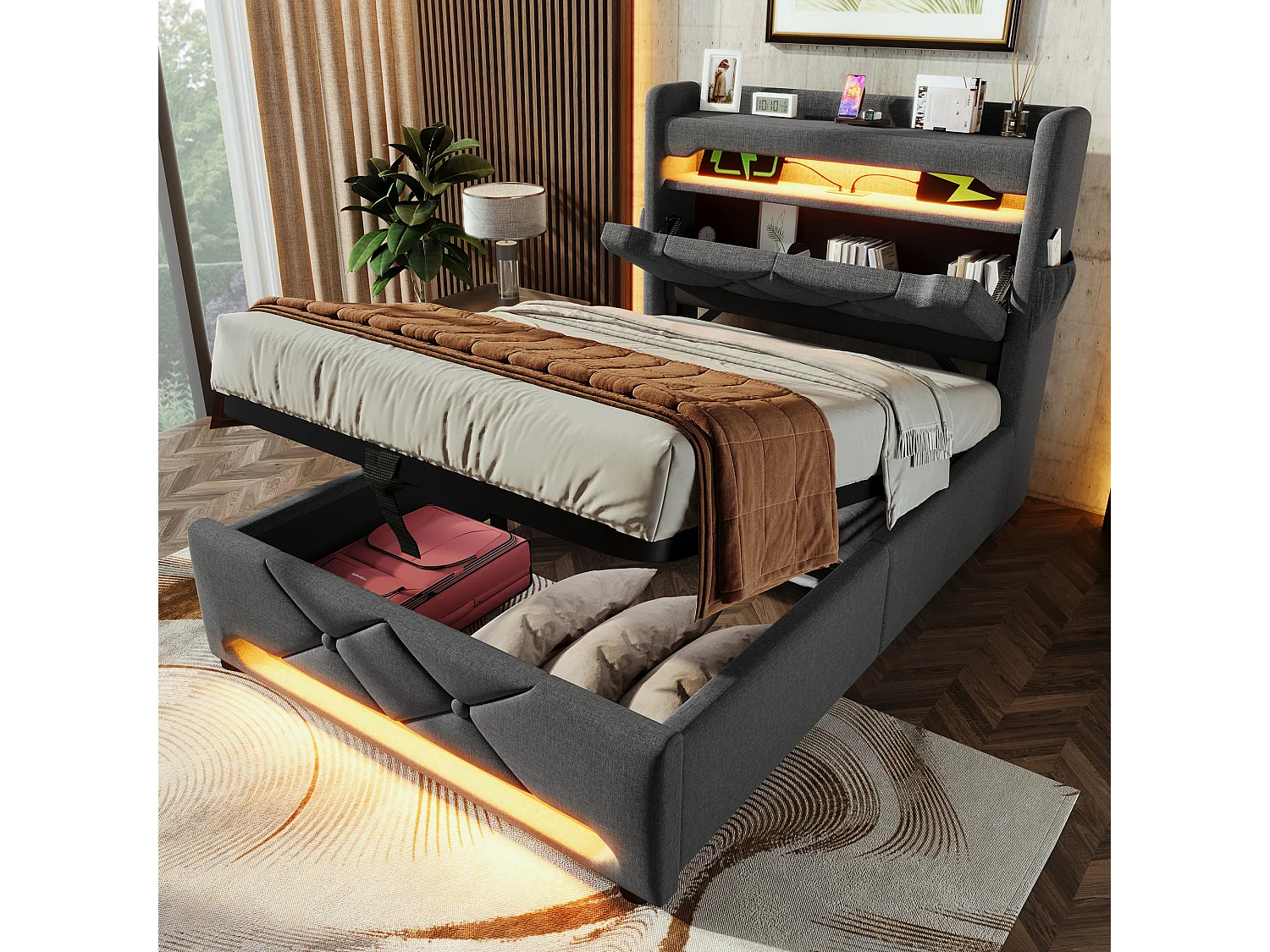Lit coffre capitonné 90x200cm - avec LED et Ports de charge USB - tissu en Lin - tête de lit avec espace de rangement - Gris