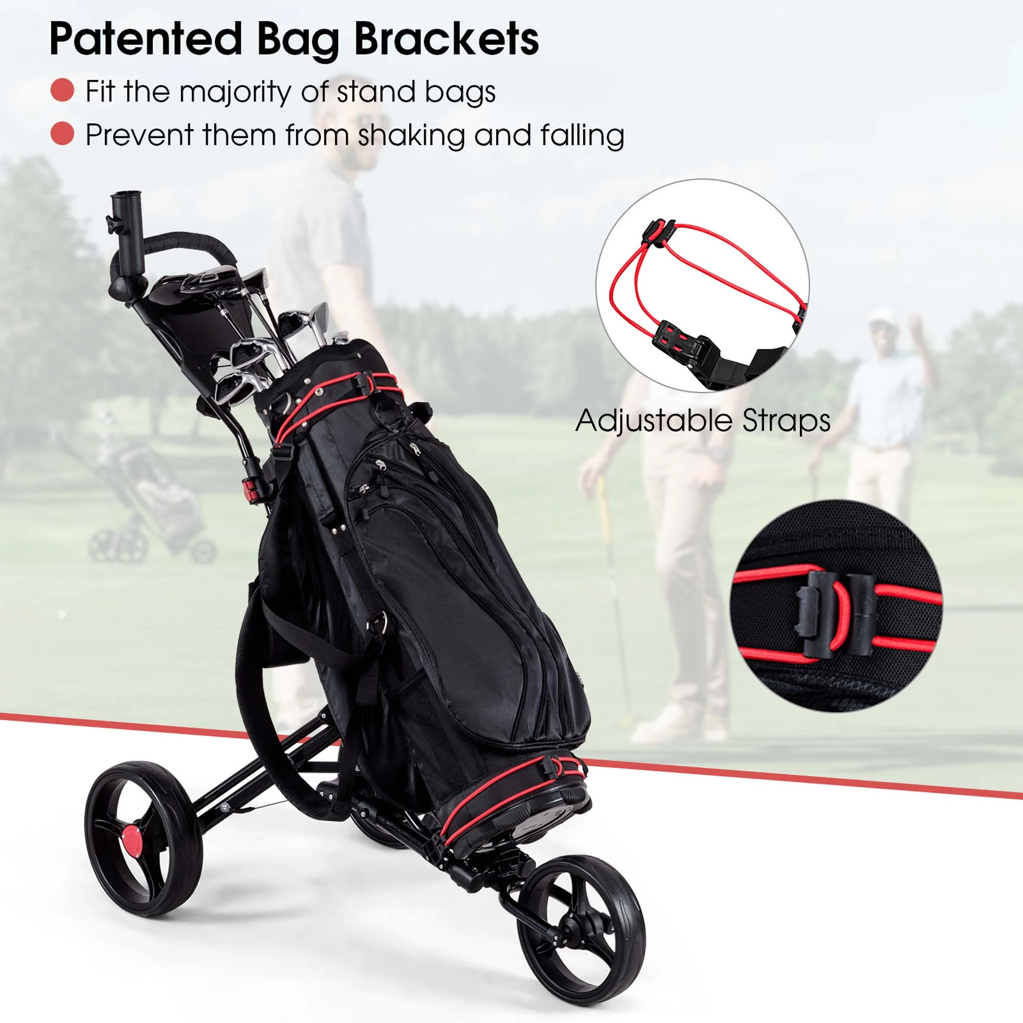 Costway Foldable 3 Wheel Steel Golf Pull Push Cart Trolley Club w/ Umbrella Holder - Image 9