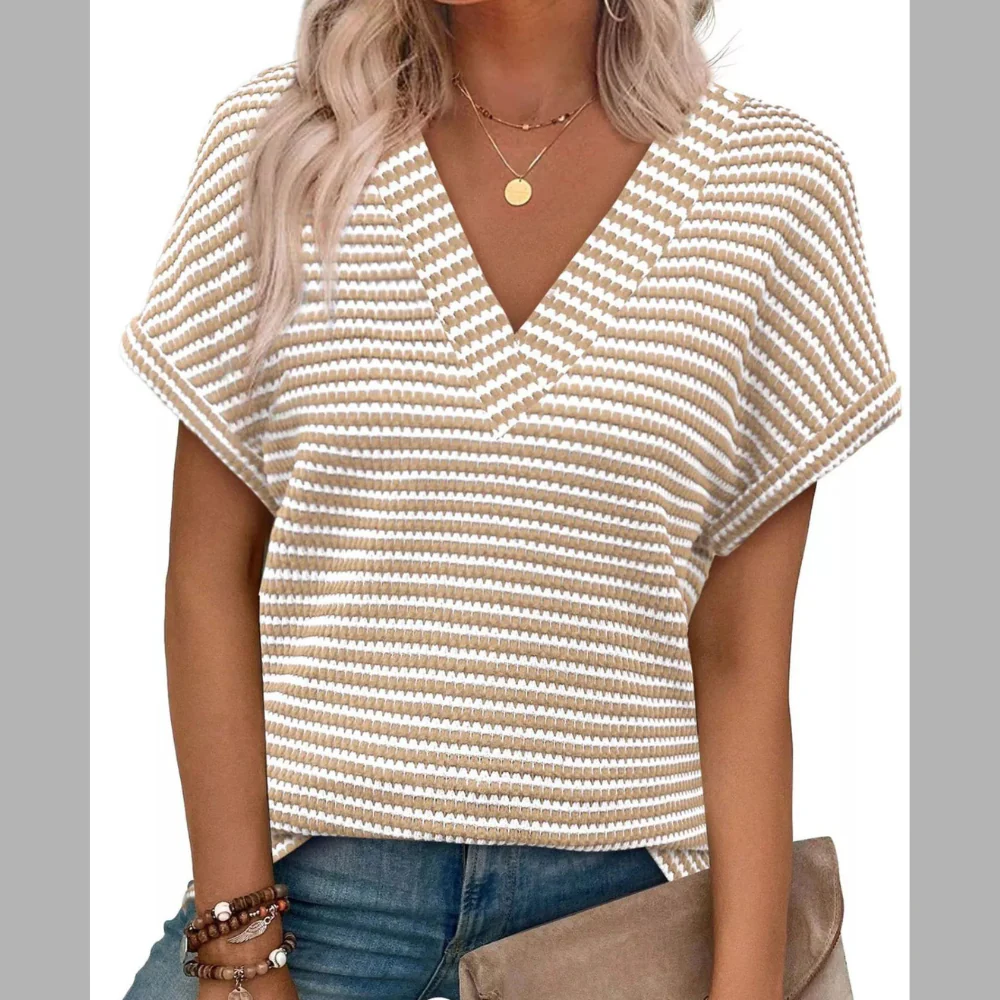 Striped V-Neck Relaxed Fit T-Shirt - ZKZOOK