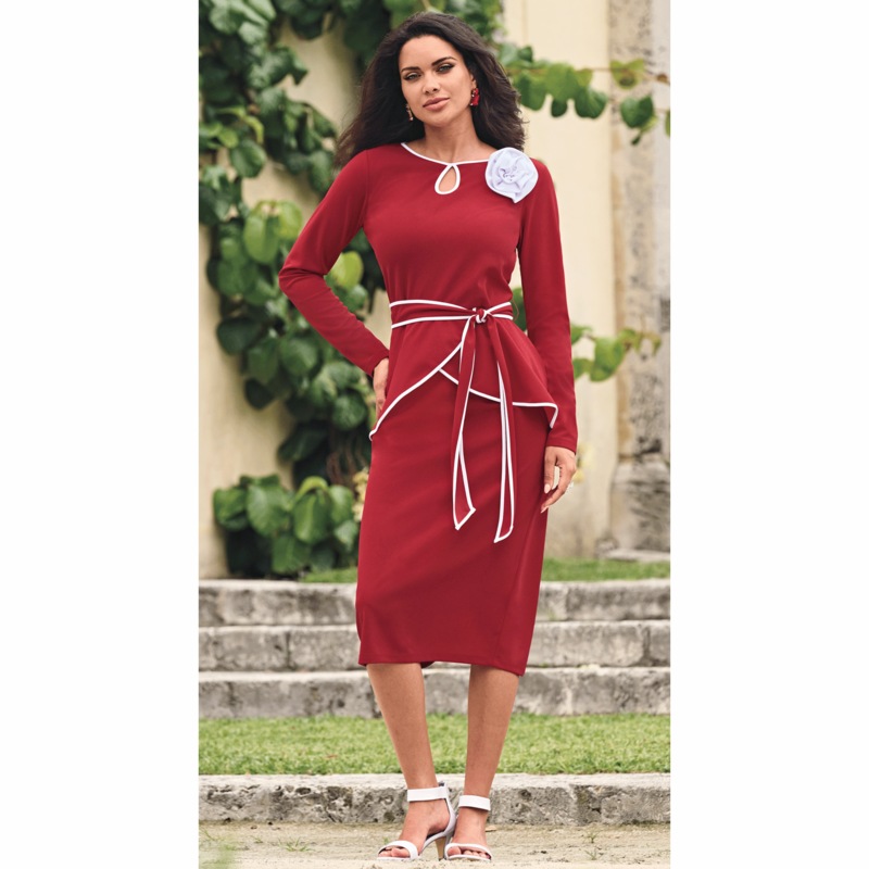 Melany Skirt Set with Tulip Peplum, Belt and Keyhole Neckline - MIDNIGHT VELVET CATALOG