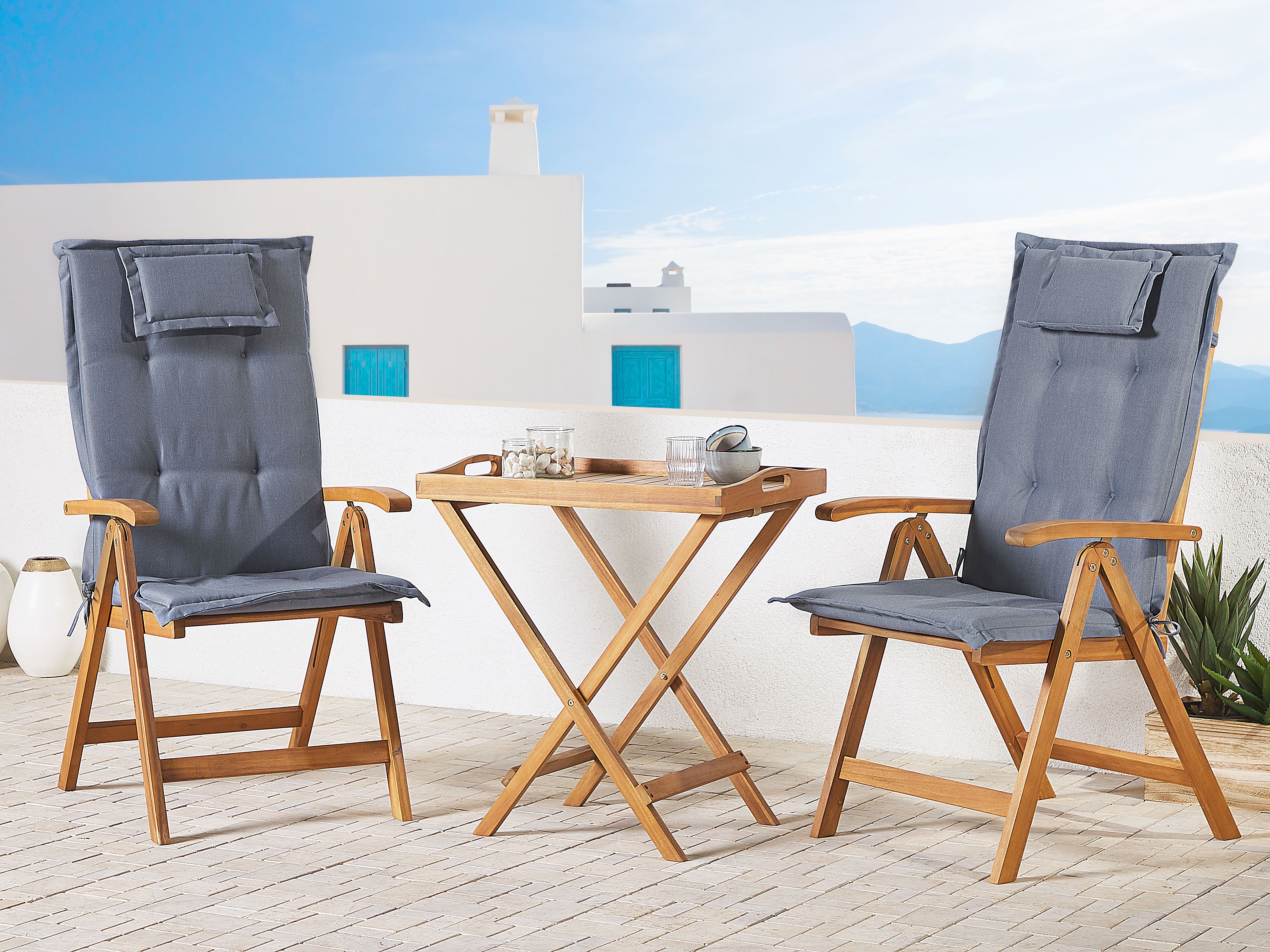 Bistro Set with Cushions Folding JAVA Acacia Wood Blue
