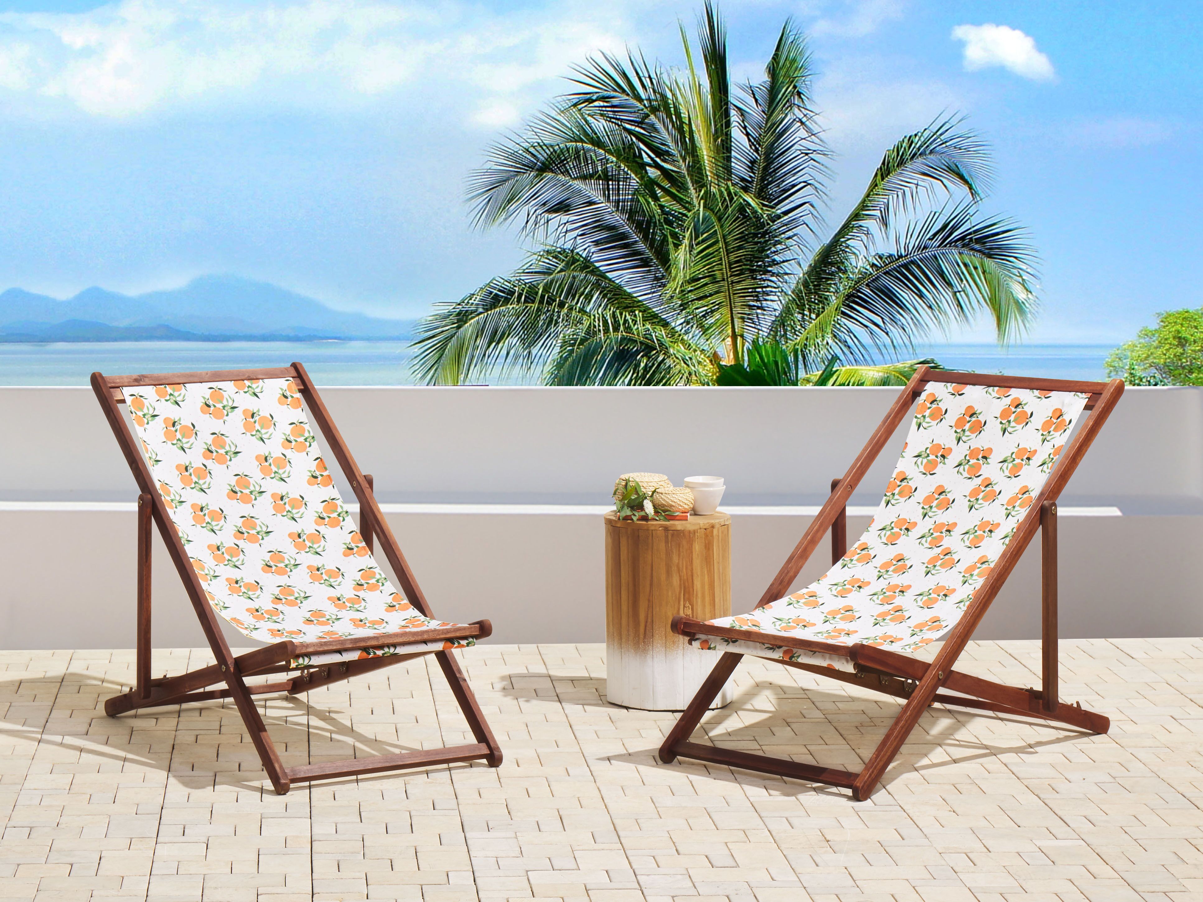 Set of 2 Folding Deck Chairs ANZIO with Replacement Fabrics Floral Motif Acacia Wood Dark Brown