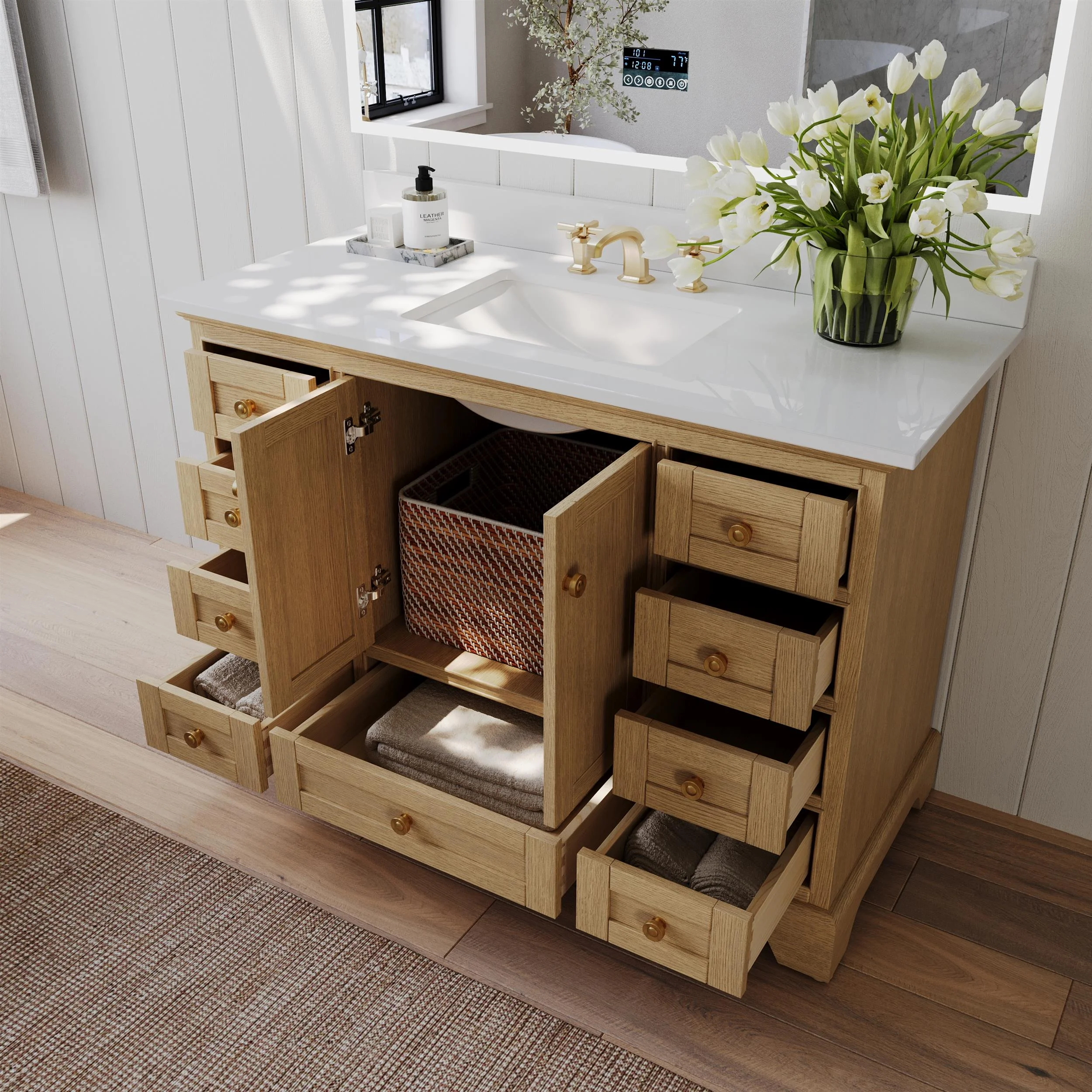 Audrey 48 in. Bath Vanity Set in Oak with White Quartz Top and Undermount Basin