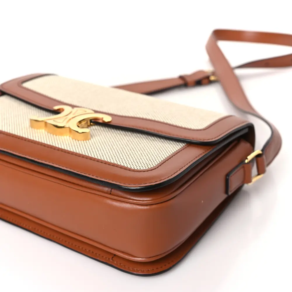 Celine White/Tan Textile Natural Calfskin Leather Medium Classique Triomphe Bag Gold Hardware High-end Reps1:1High-quality replica