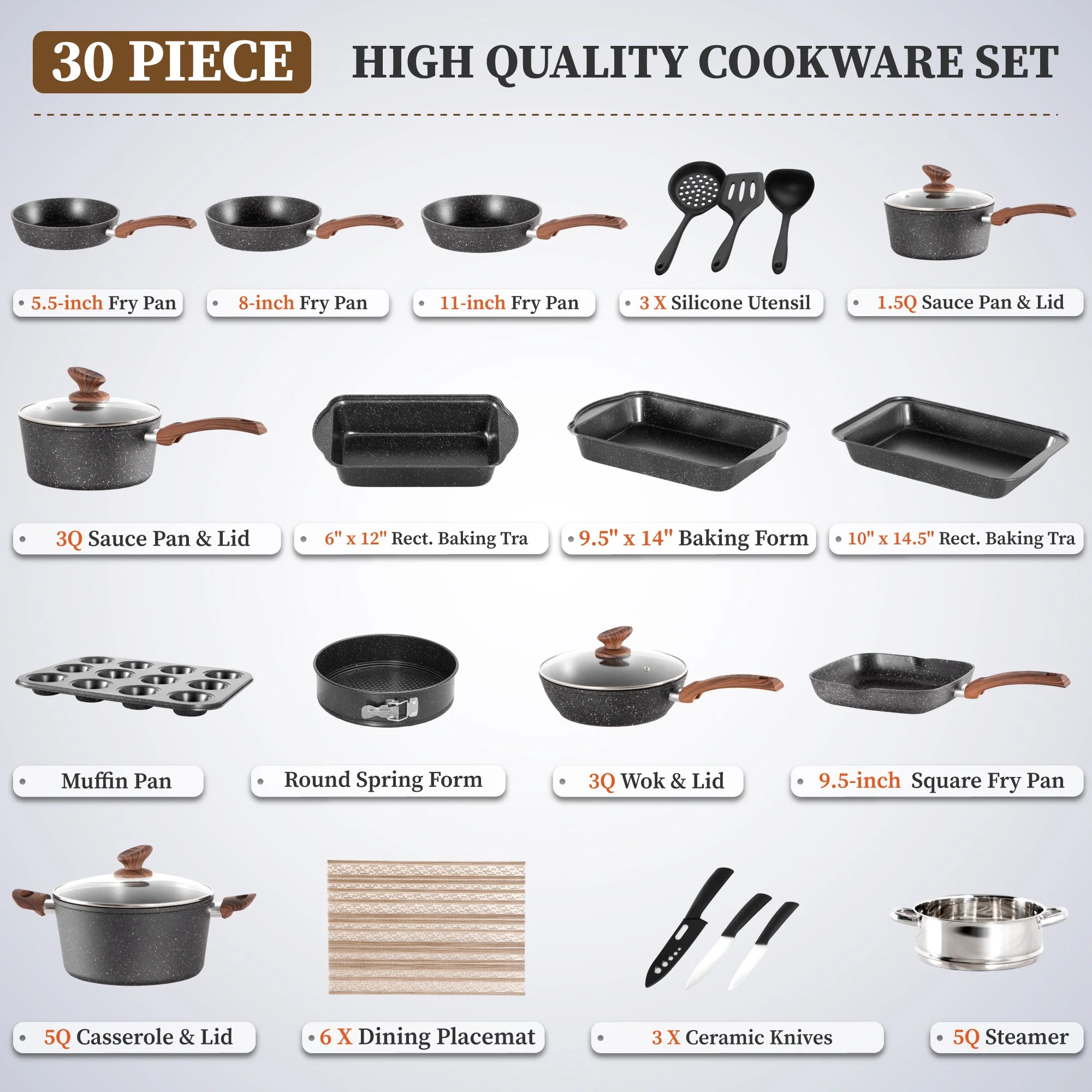 Sophia & William 30 Pieces Cookware & Bakeware Set Safe Granite Non-stick Aluminum Pots and Pans, Black