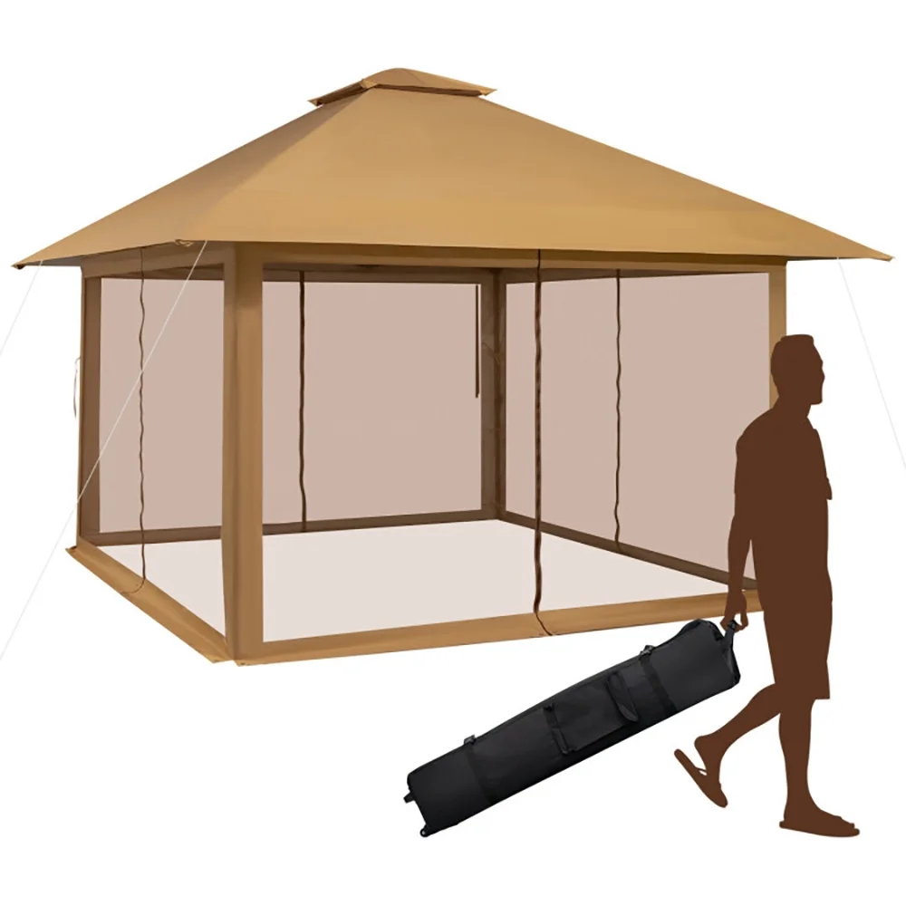 Yardi Yard 13 x 13 Feet Pop-up Instant Canopy Tent with Mesh Sidewall-Coffee, Roof Hardtop Galvanized Steel Top Canopy, Patio Heavy Duty Gazebo for Deck, Backyard