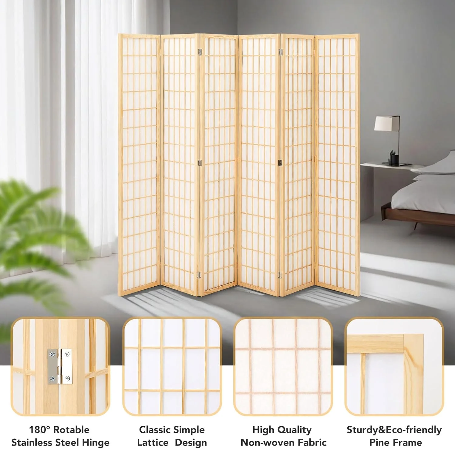 JOSTYLE Room Divider Wall Shoji Screen, 6 Panel Folding Privacy Screen for Room Separation, Japanese Wood Room Divider Screen, 5.9 Ft, Natural - Image 4