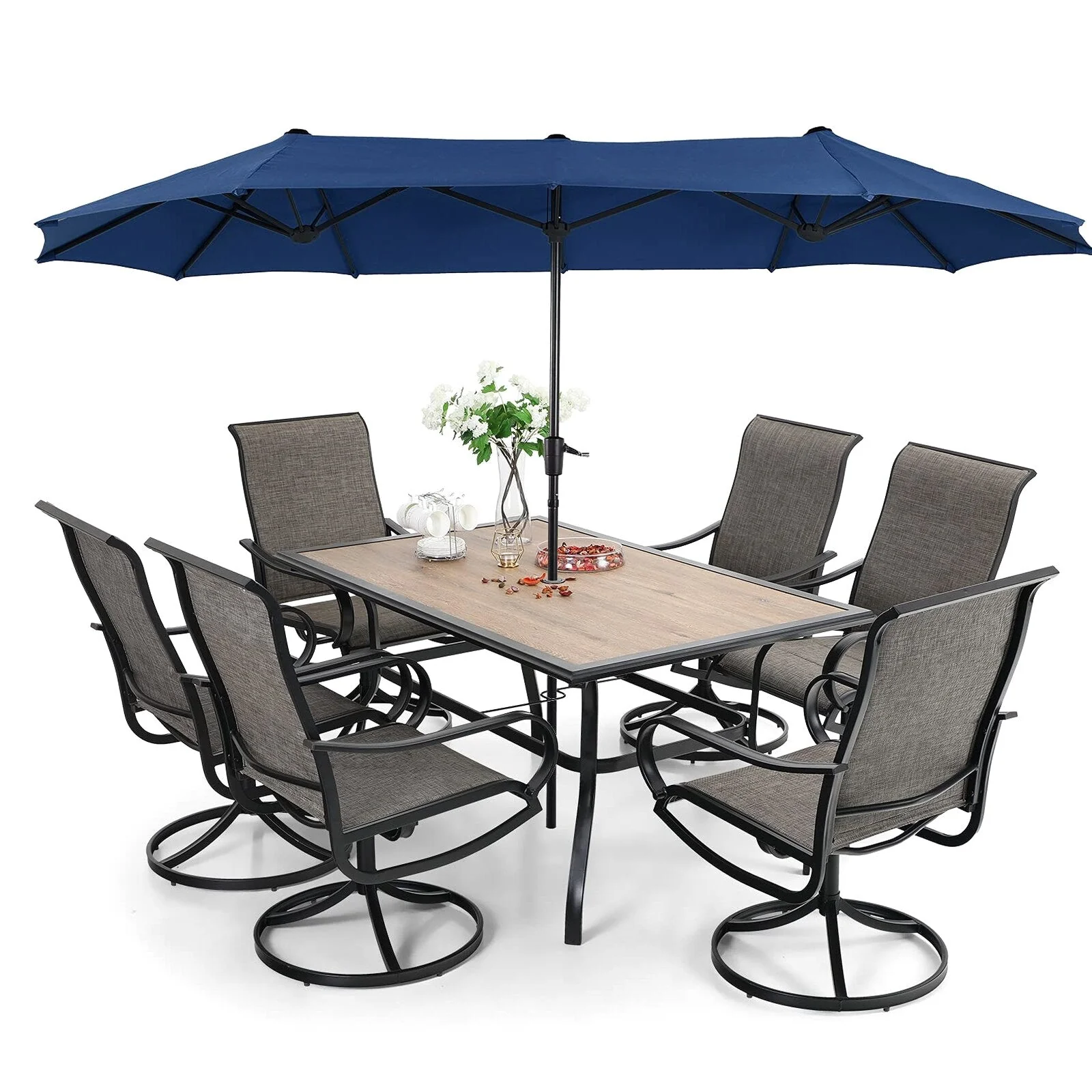 8-Piece Patio Dining Set With Umbrella And 6 Sling Dining Swivel Chairs - Image 3 8-Piece Patio Dining Set With Umbrella And 6 Sling Dining Swivel Chairs - Image 3