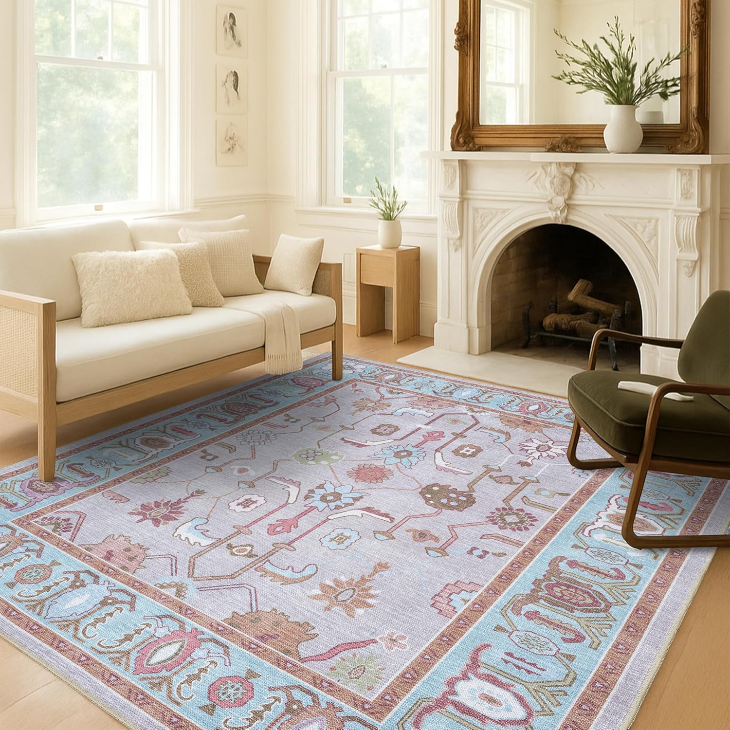 Fame Living Pink Oushak Rug, Modern, Vintage, Turkish, Eclectic, Floral, Pastel, Washable, Area Rugs for Living Room, Dining, Bedroom, Nursery, Girls, Boys, 5'9