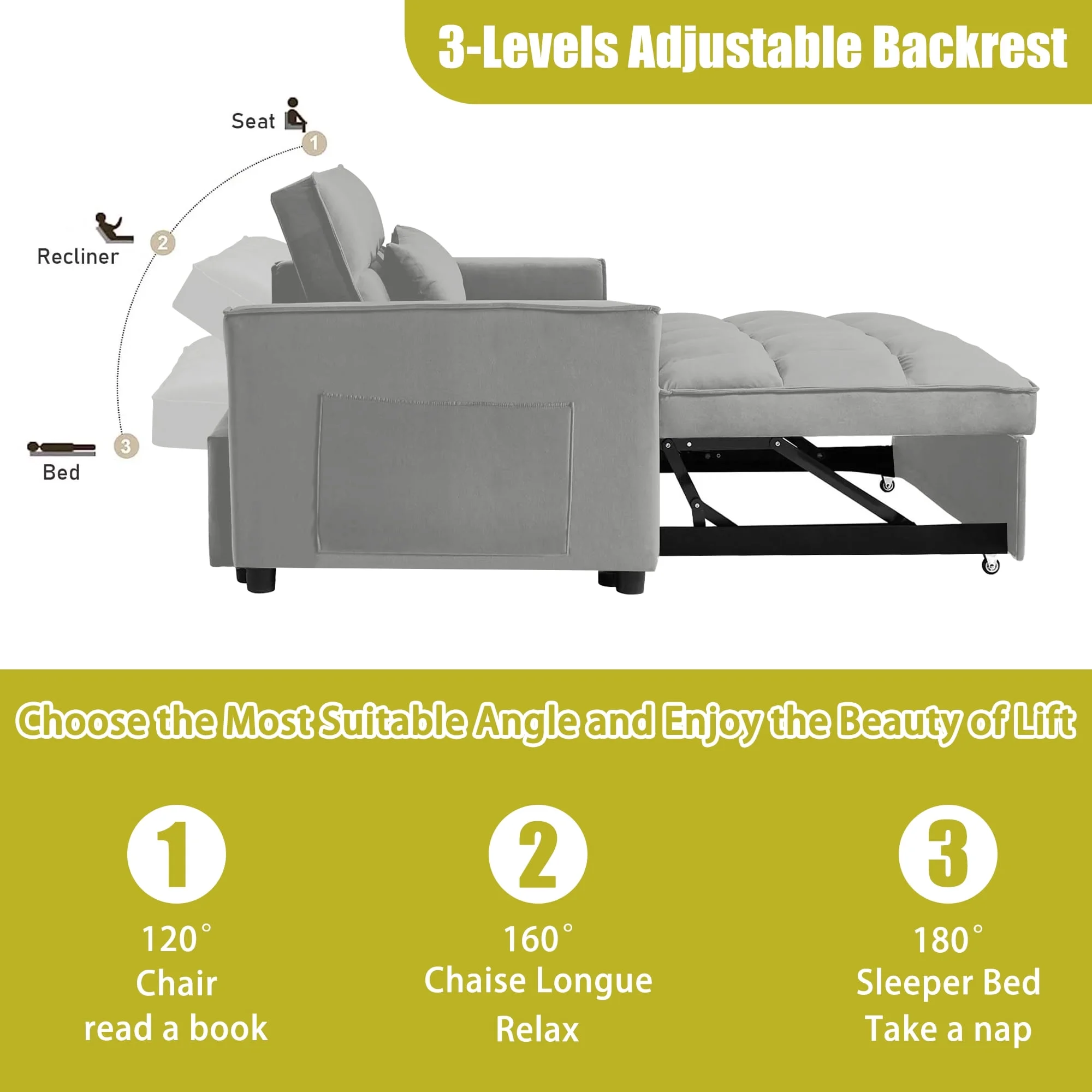 Convertible Sofa Bed,3-in-1 Sleeper Sofa with Pull Out Bed,Velvet Highly Elastic Sponge Futon Couch Loveseat with Adjustable Backrest and 2 Pillows for Living Room,Gray - Image 12