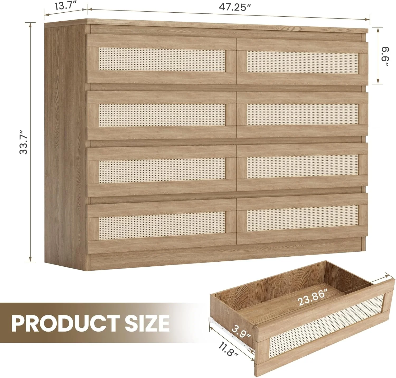 NEILA Chic & Functional Rattan Dresser �C 8-Drawer Double Dresser in White for Bedroom, Living Room, Entryway & TV Stand, Modern Wood Chest with Smooth Metal Slides,Natural