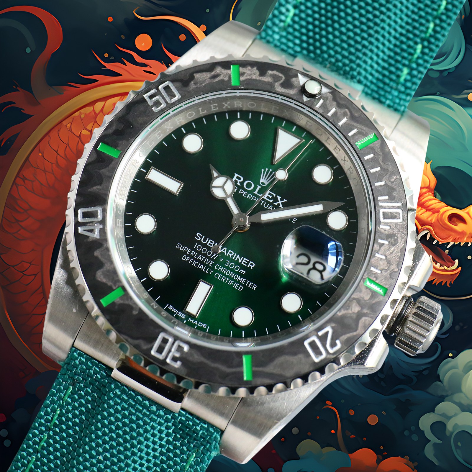 ROLEX Year of the Dragon Auspicious 🔥 🔥 Submariner Carbon Fiber Bezel - Velcro Strap - Green(1:1 replica) - Elite Watch Atelier
