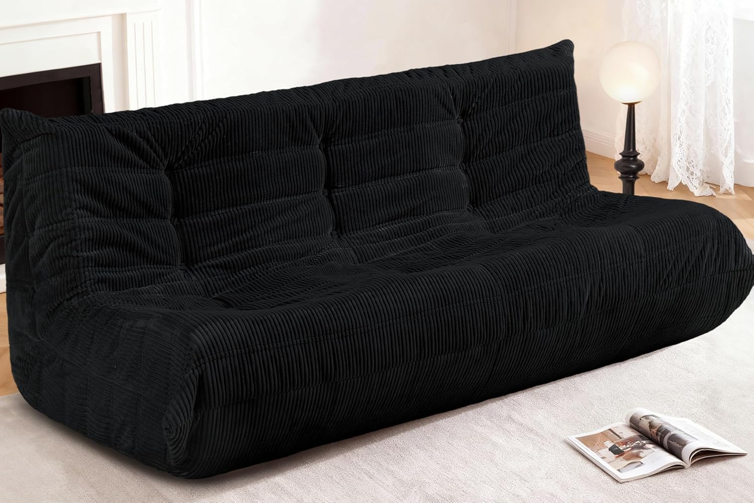 Bean Bag Chair,Giant Beanbag Chairs for Adults,Comfy Large Fireside Chair Lazy Sofa,Corduroy Bean Bag Lounger with Memory Foam Filled,Floor Sofa Couch for Home,Living Room (Black, 3-Seater)