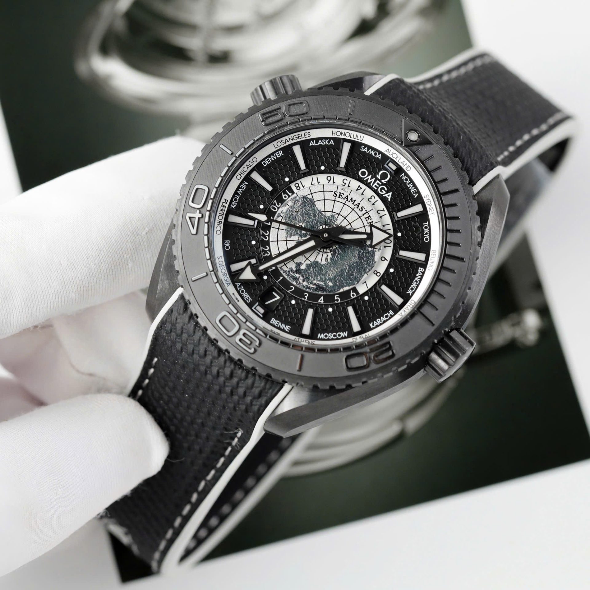 Omega Seamaster Planet Ocean Worldtimer Imitation Watches Black Ceramic Rubber Strap VS Factory 45.5mm - Elite Watch Atelier