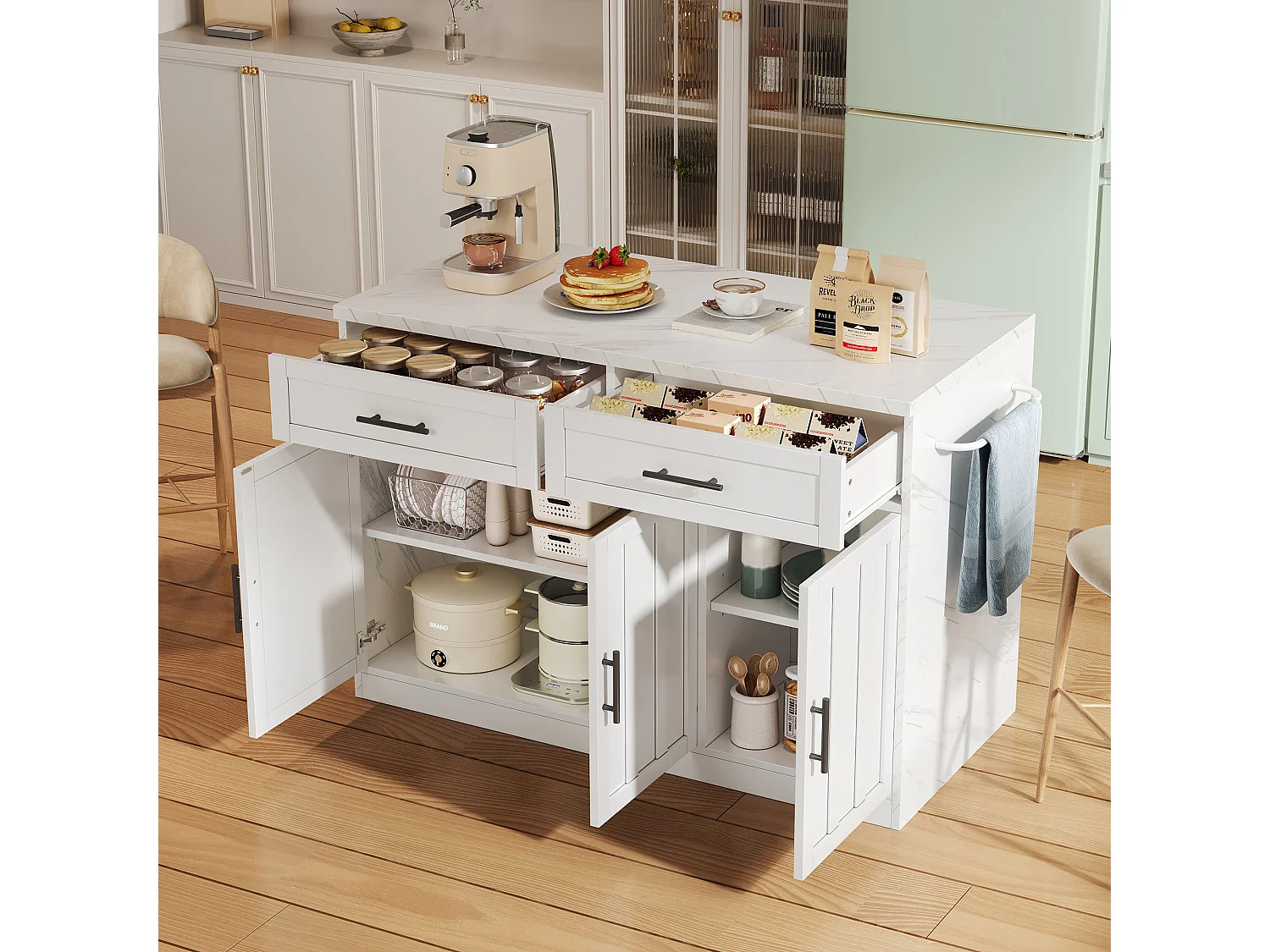 Îlot central blanc, îlot de cuisine avec prises USB, 3 portes et 2 tiroirs - MDF - pour salon et cuisine