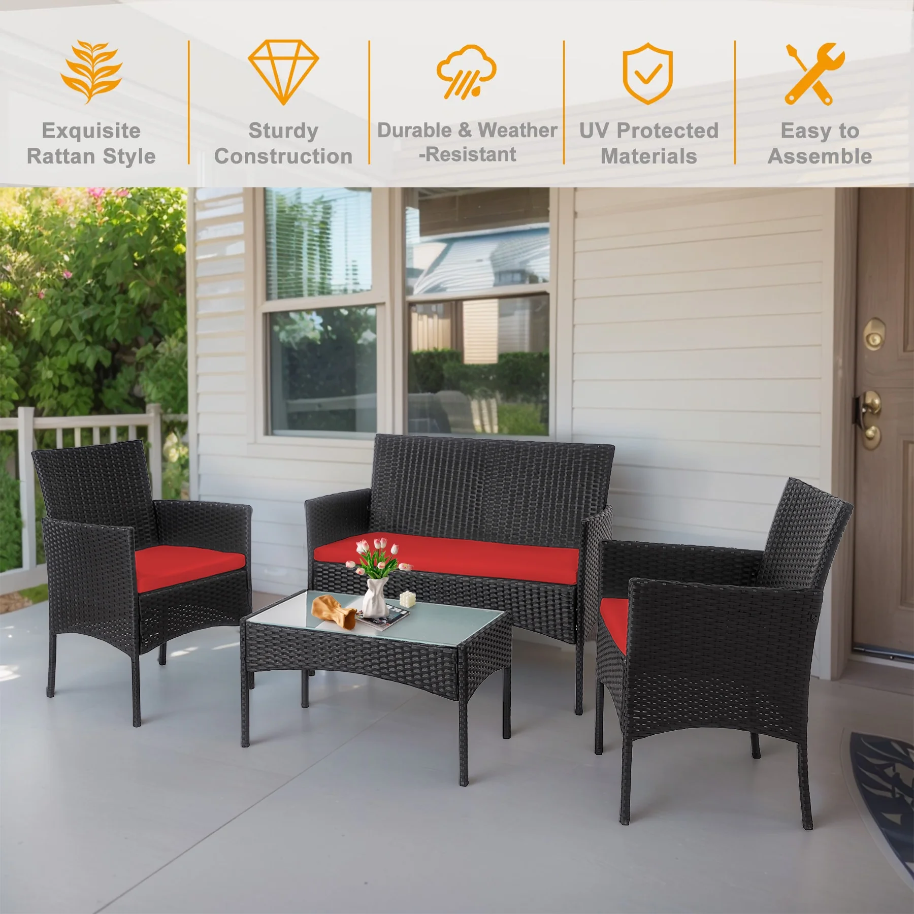 Tappio 4 Piece Patio Conversation Wicker Furniture Set, Porch Furniture Outdoor Sectional Furniture Set w/Coffee Table & Cushions Wicker Sofa Garden Conversation Set for Yard Pool Backyard,Black/Red