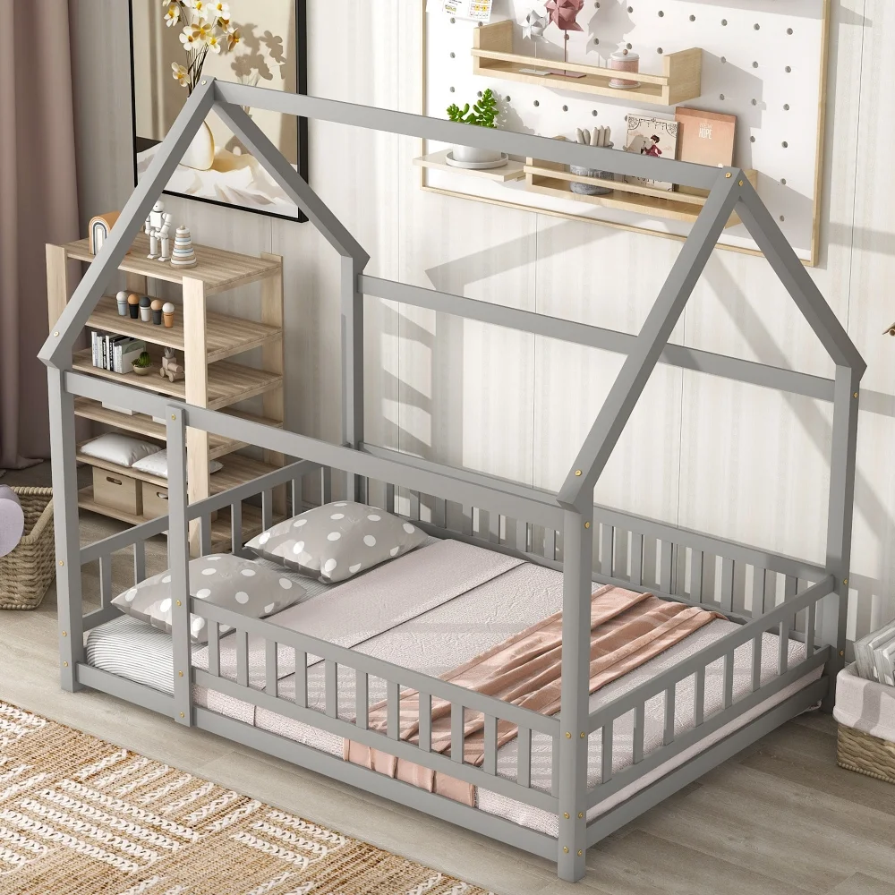 JINS and VICO Kids Girls Boys Full Montessori Pine / Plywood Floor Bed with Roof Design, Gray