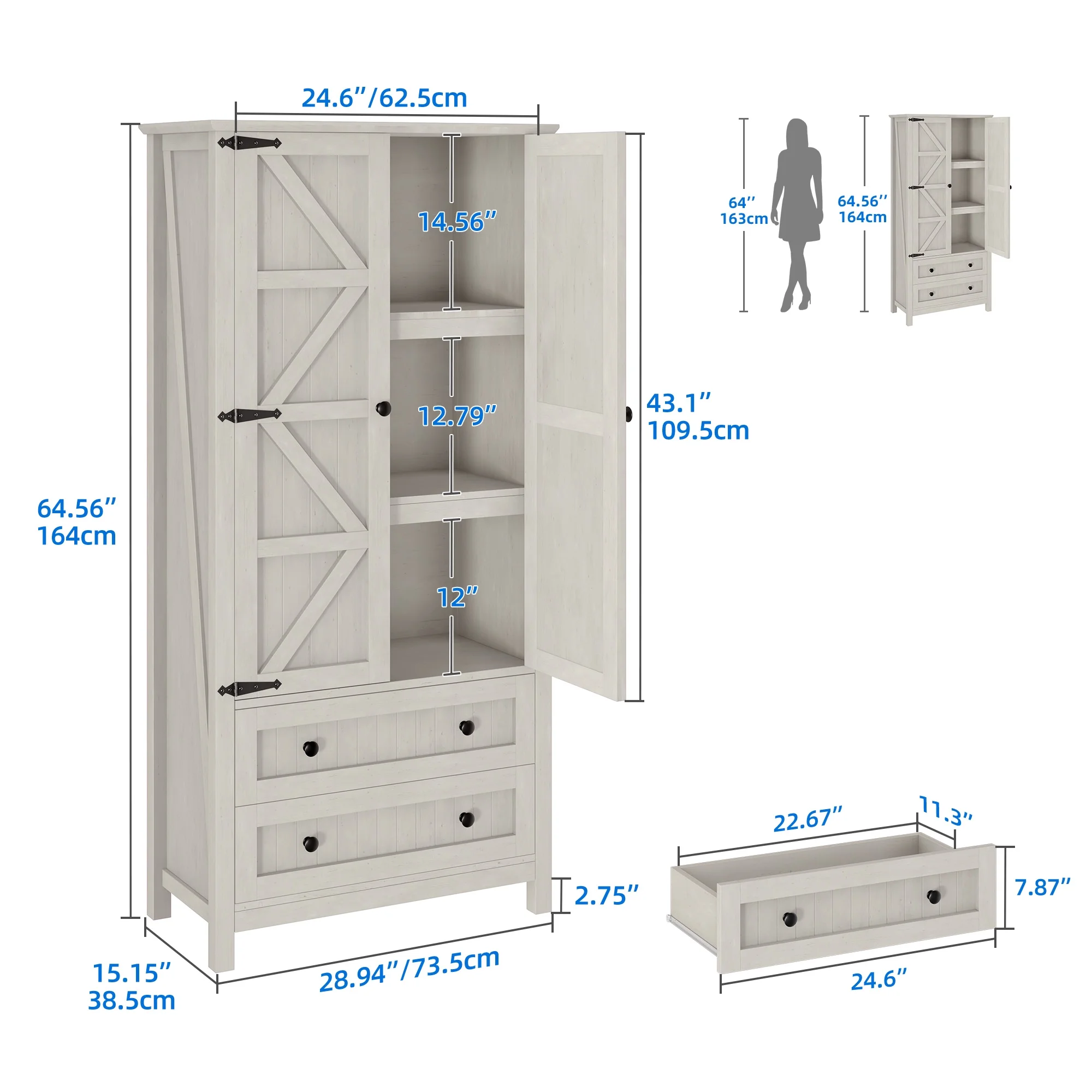 Dextrus 64.56" Tall Kitchen Pantry Cabinet with 2-Drawer and Adjustable Shelves, White Oak - Image 8