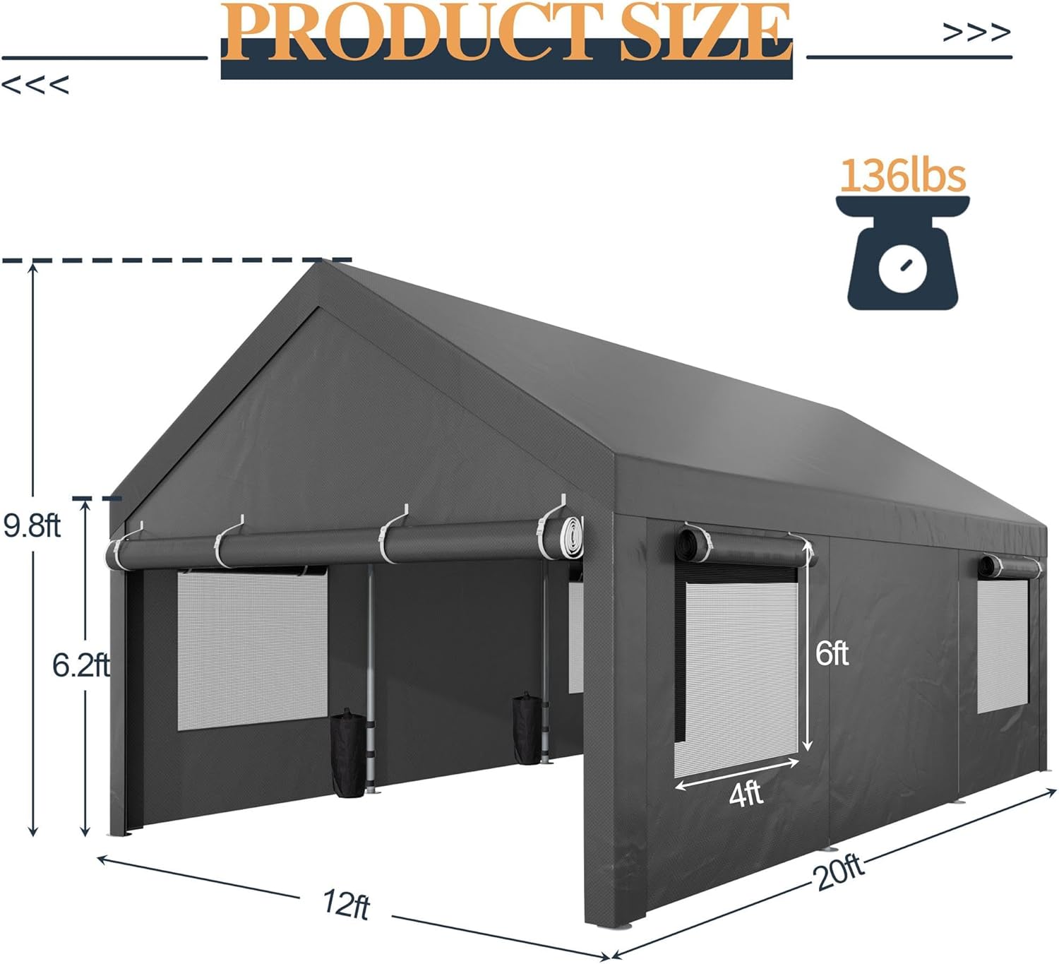 Shintenchi 12x20 FT Heavy-Duty Design Carport,Portable Garage Canopy,Carport Canopy with Side-Opening Removable Door & Roll-Up Window,Portable Car Port for Car, Truck, Boat,Grey