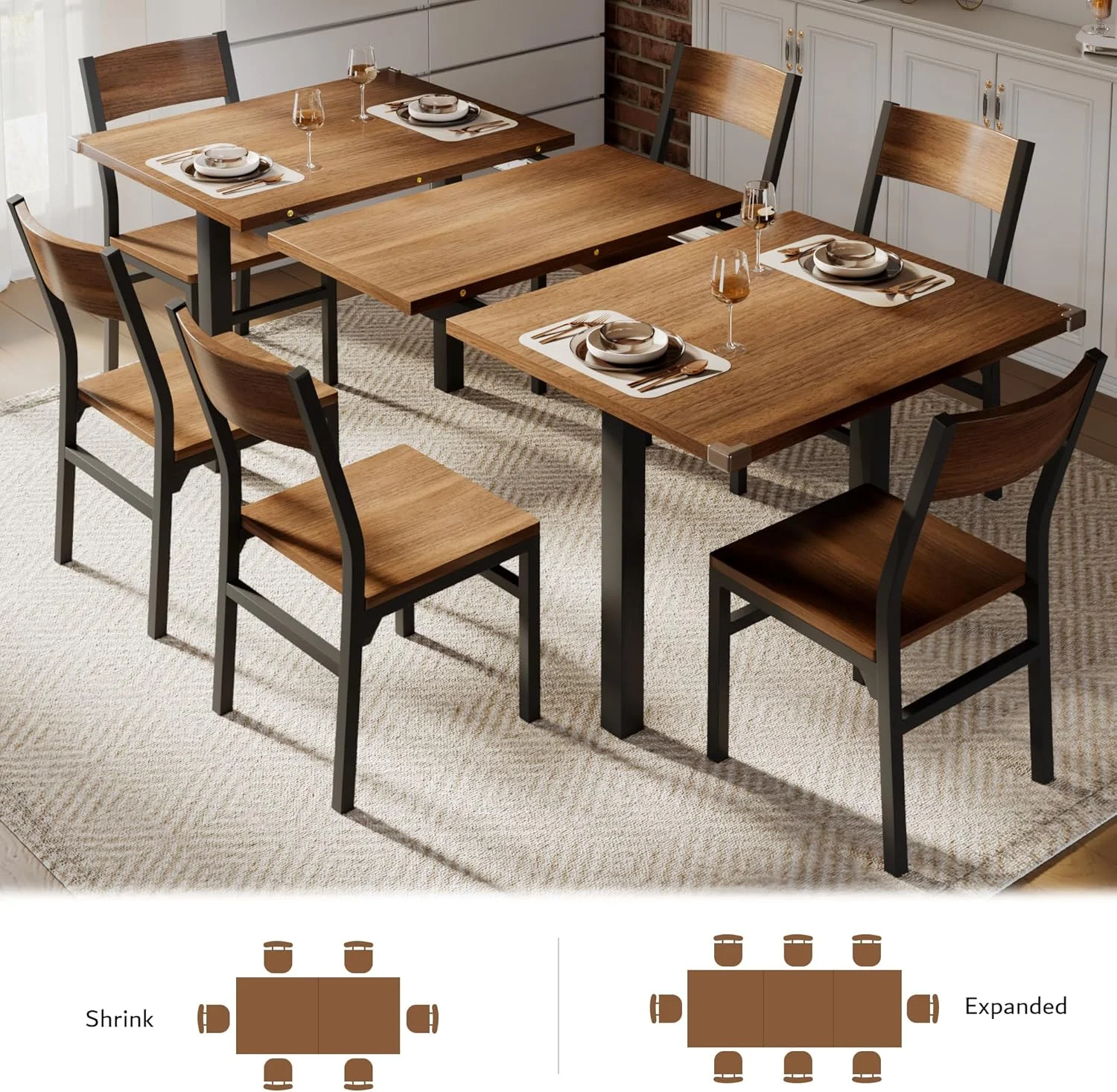 iPormis 63" Extendable Dining Table for 4-8, Square Wooden Dining Room Table with Metal Base, Modern Extendable Table for Small Kitchens, Dining Office Areas, Black - Image 18