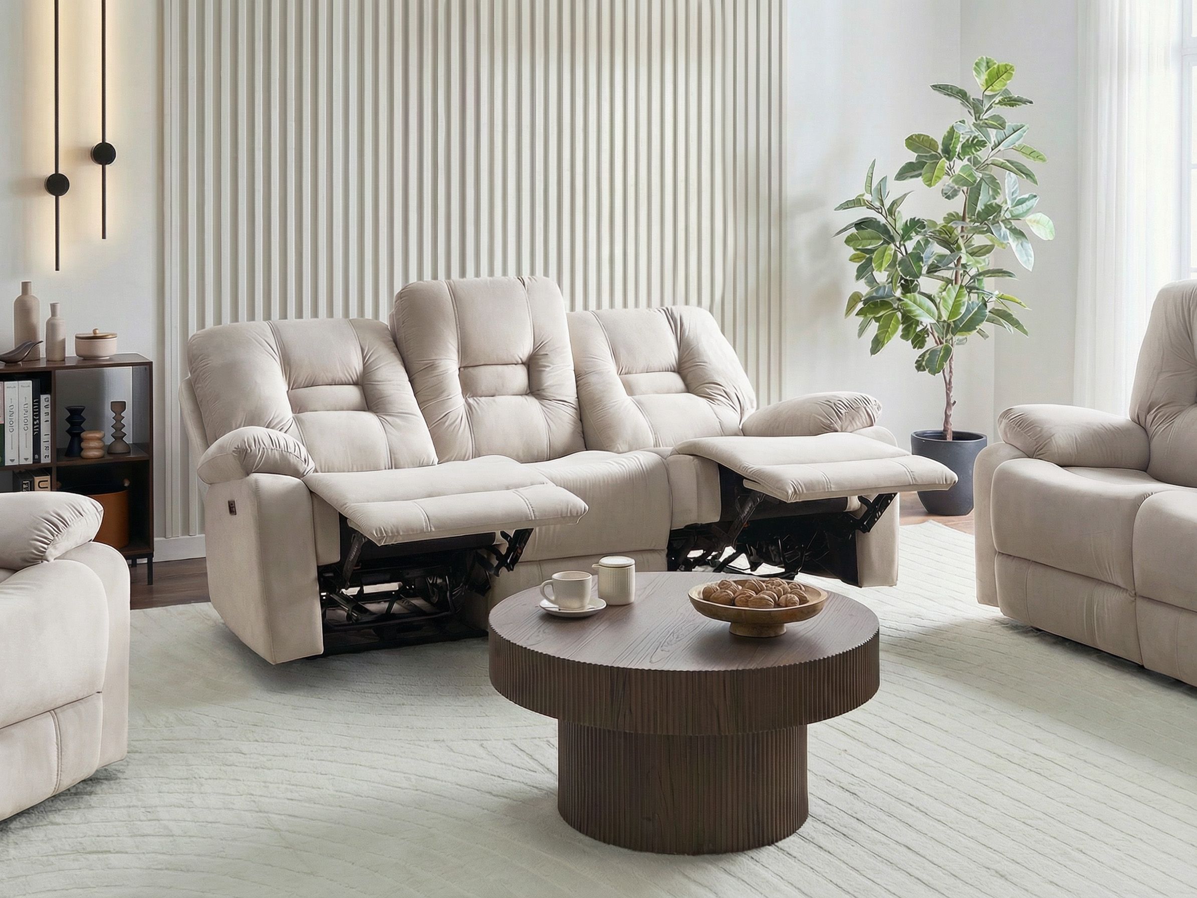 Electric Recliner Sofa 3 Seater BERGEN Velvet Light Beige with USB Port