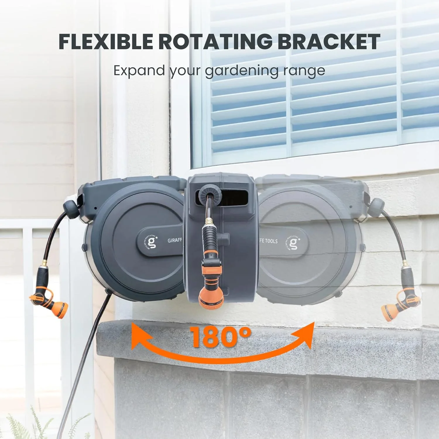 Giraffe Tools Retractable Garden Hose Reel with 1/2in-100ft Water Hose, Plastic Bracket, Wall Mounted, Dark Grey - Image 6