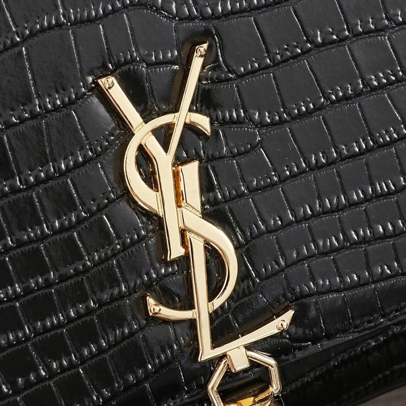 Saint Laurent Medium Kate Chain Bag with Tassel In Crocodile Embossed Shiny Leather Black Gold - 1:1High-quality replica