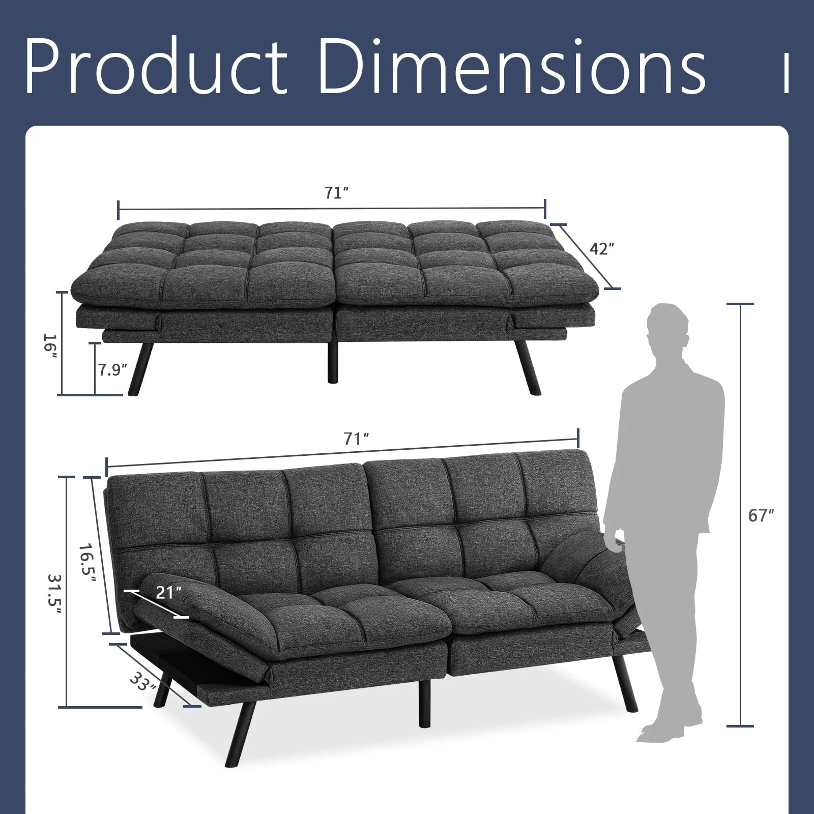 Convertible Memory Foam Futon Sofa Bed with Adjustable Armrests and Backrest,Gray - Image 3
