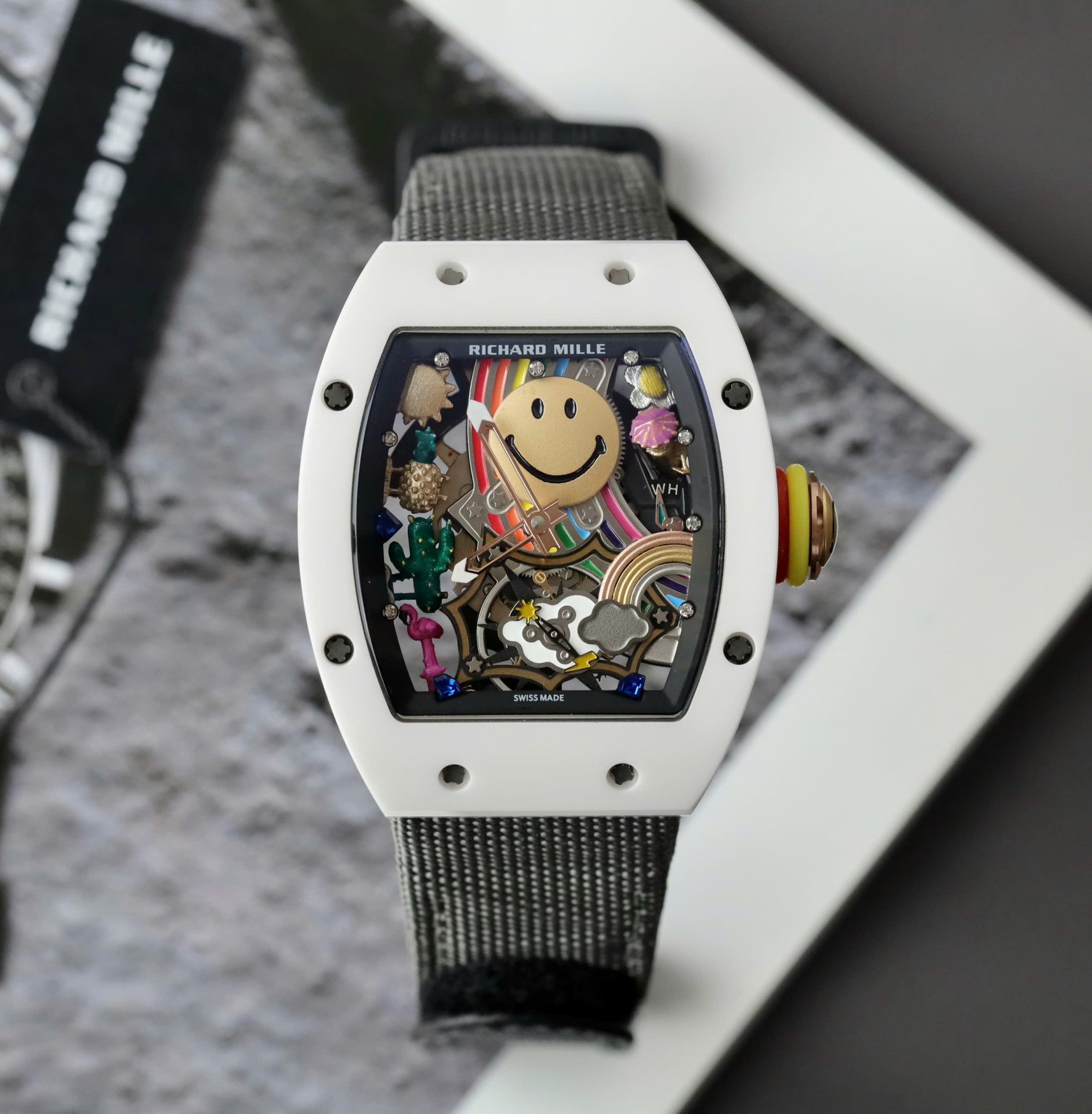 Richard Mille Best Copies Watch RM88 Smiley White Ceramic Fabic Nato Strap 42mm - Top club