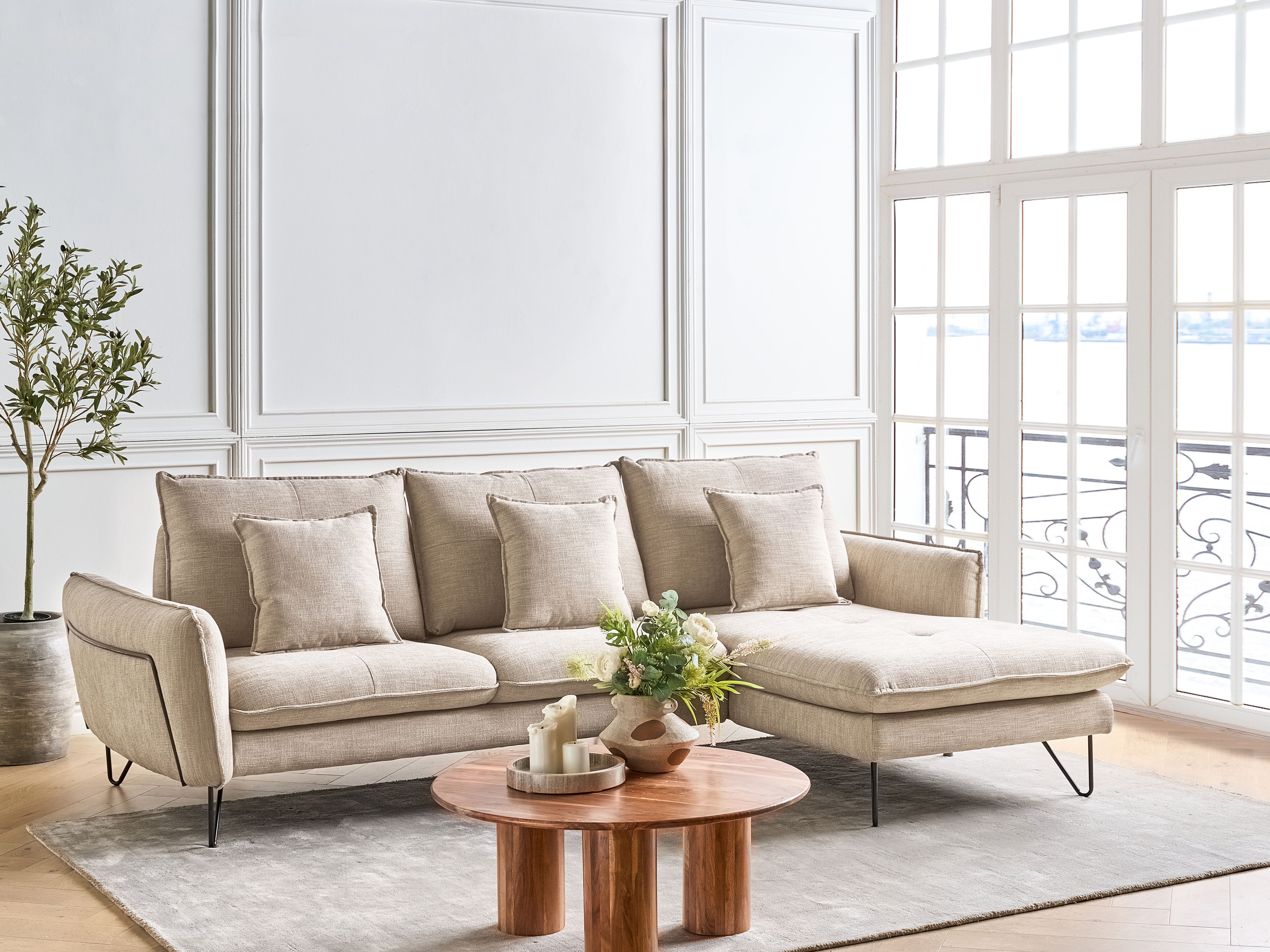 Corner Sofa 3 Seater SERSAN Chenille White Left Hand