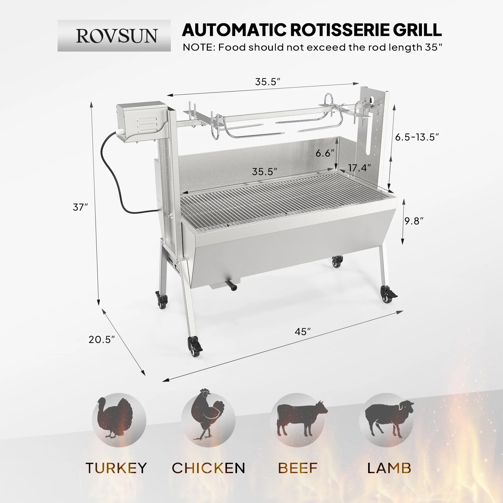 RovSun 46 Electric Rotisserie Grill 176 lbs Capacity 25w Pig Lamb Spit Roaster Rotisserie w/Lockable Wheels Wind Baffle with Adjustable Height