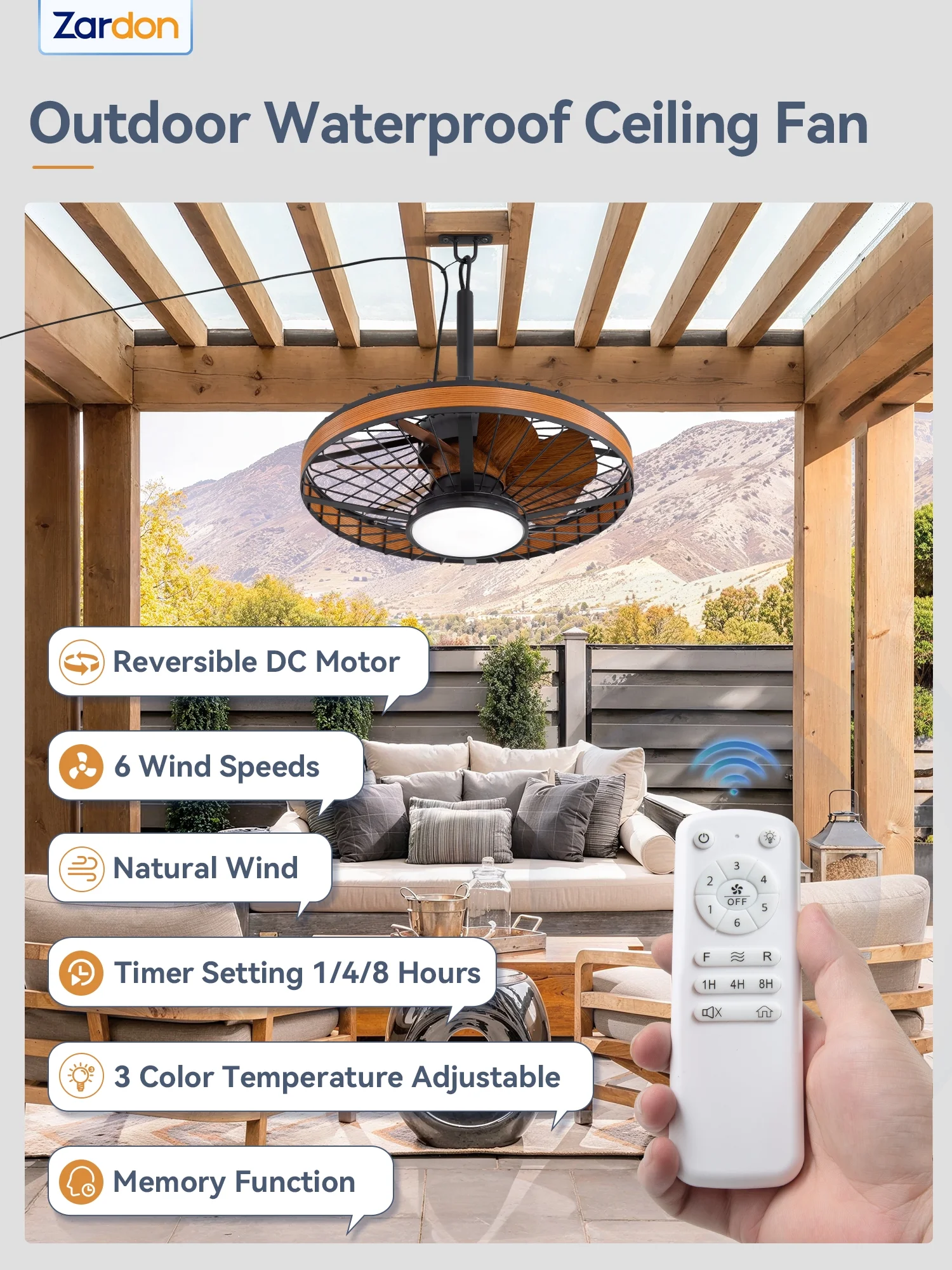 Zardon 20" Outdoor Ceiling Fan with Light and Remote, 7 Blades Caged Waterproof Gazebo Fan for Patio, Porch, Pergola Canopy, App Control - Image 8