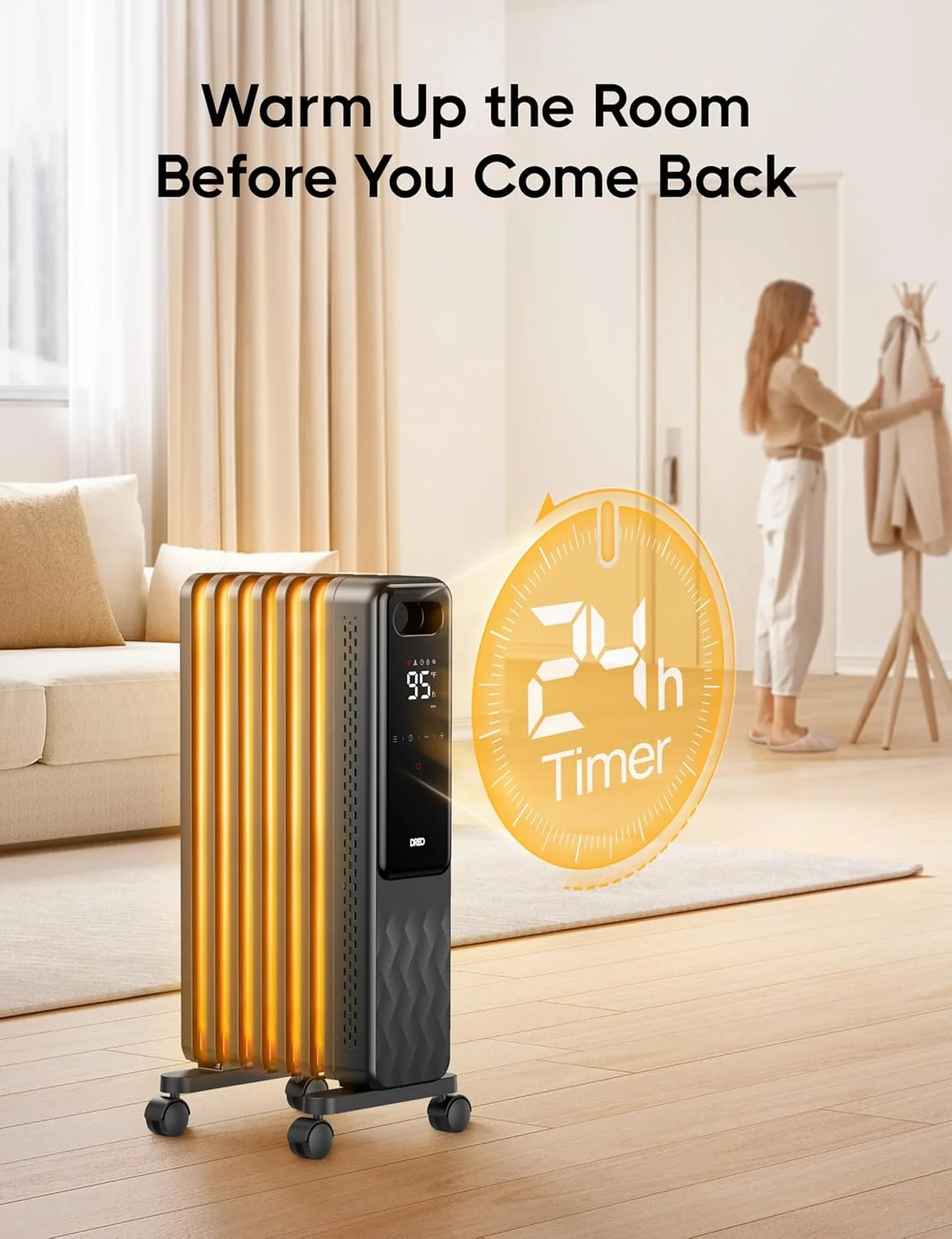 Dreo Oil Filled Radiator, Electric Radiant Heaters for indoor use Large Room with Remote Control, Child Lock, 4 Modes, Overheat & Tip-Over Protection, 24h Timer, Digital Thermostat, Quiet, 1500W - Image 4