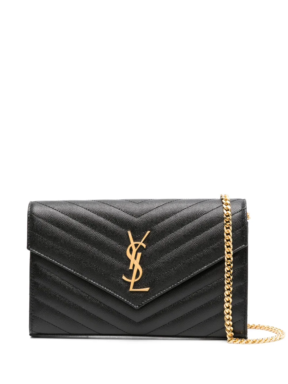 Saint Laurent Cassandre Envelope Chain Wallet in Black Grain de Poudre Leather – Gold Hardware - COZYMIZE