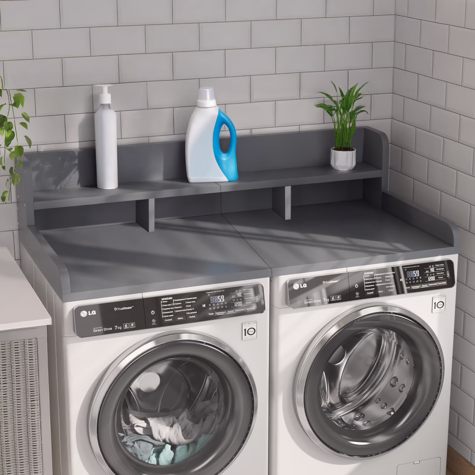 Modern Washer Dryer Countertop with 2-Tier Shelf,Laundry Room Countertop Organization Storage with 2.75" H Guard Edge Rails,Non-Slip Pad,Waterproof and Easy to Clean,54"W x 27.55"D,Natural Wood - Image 9