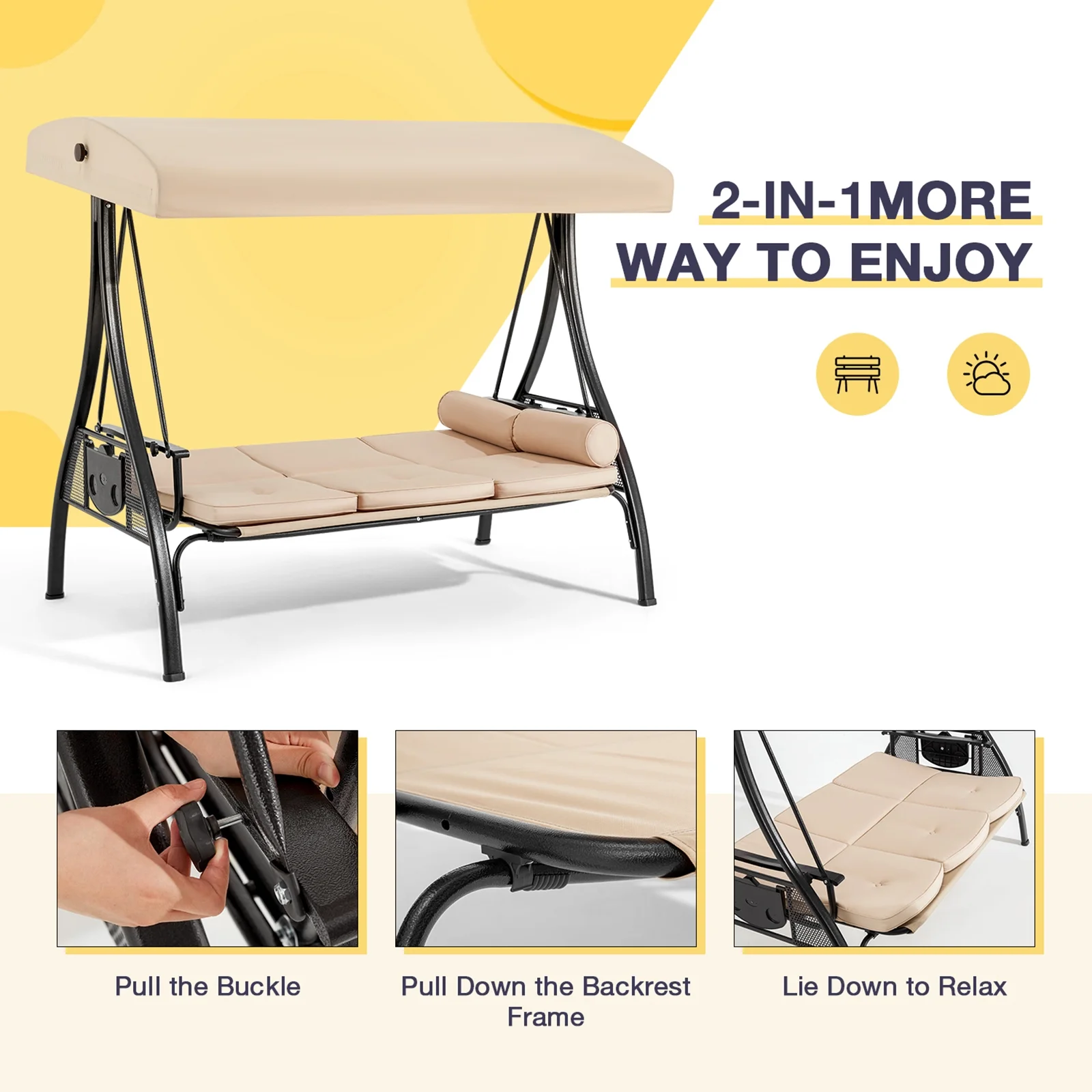 Homrest 3 Person Patio Outdoor Porch Swing with Adjustable Canopy, Backrest, Swing Bed with Stand for Garden,Deck - Image 23