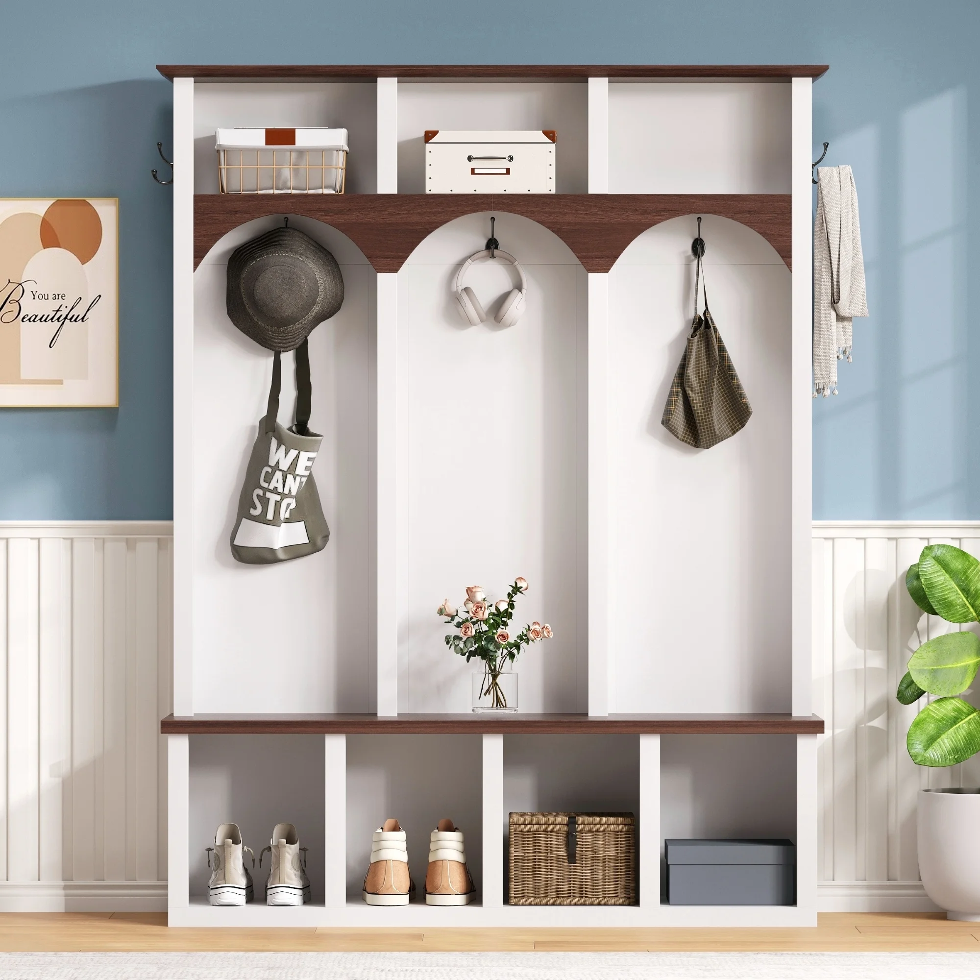 Euroco Farmhouse Wooden Style Hall Tree with Arched Design, Practical Entryway Walnut Storage Bench with 5 Black Hooks, Minimalist 4-in-1 Hallway Shoe Cabinet with 7 Cubbies
