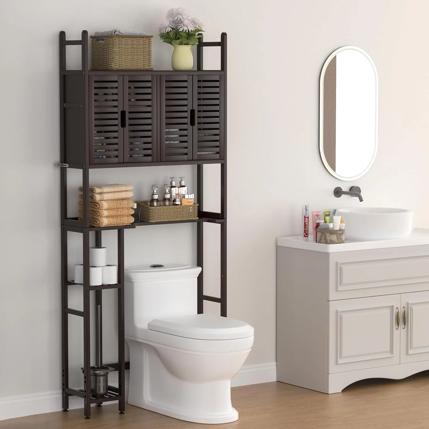 Over The Toilet Storage Cabinet with Paper Holder Stand,Bamboo Bathroom Organizer Shelf with Four Door and Waterproof Feet Pad,Space Saver Rack with Anti-Tip Design (Brown)
