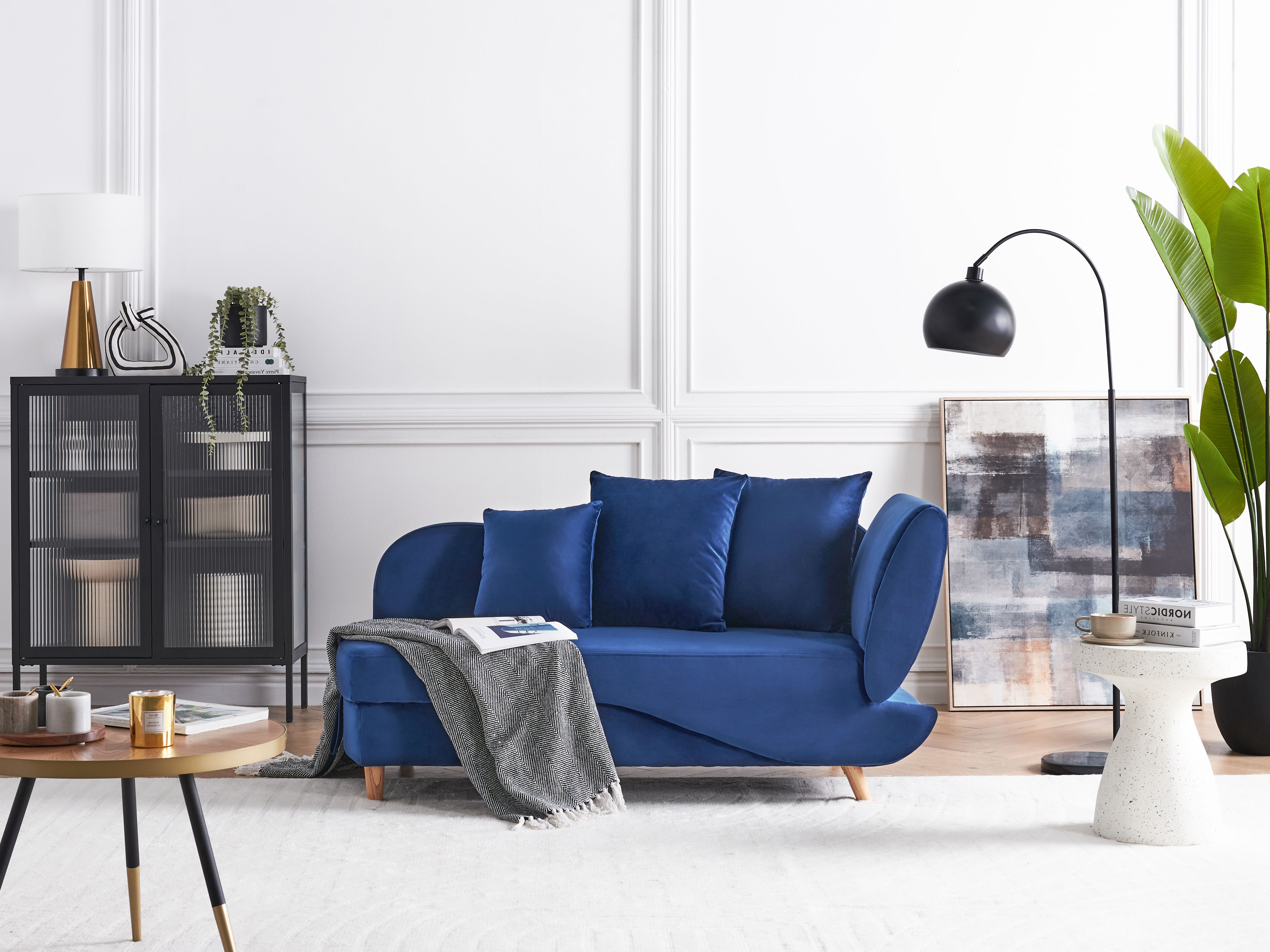 Right-Hand Chaise Lounge MERI Velvet Navy Blue with Storage