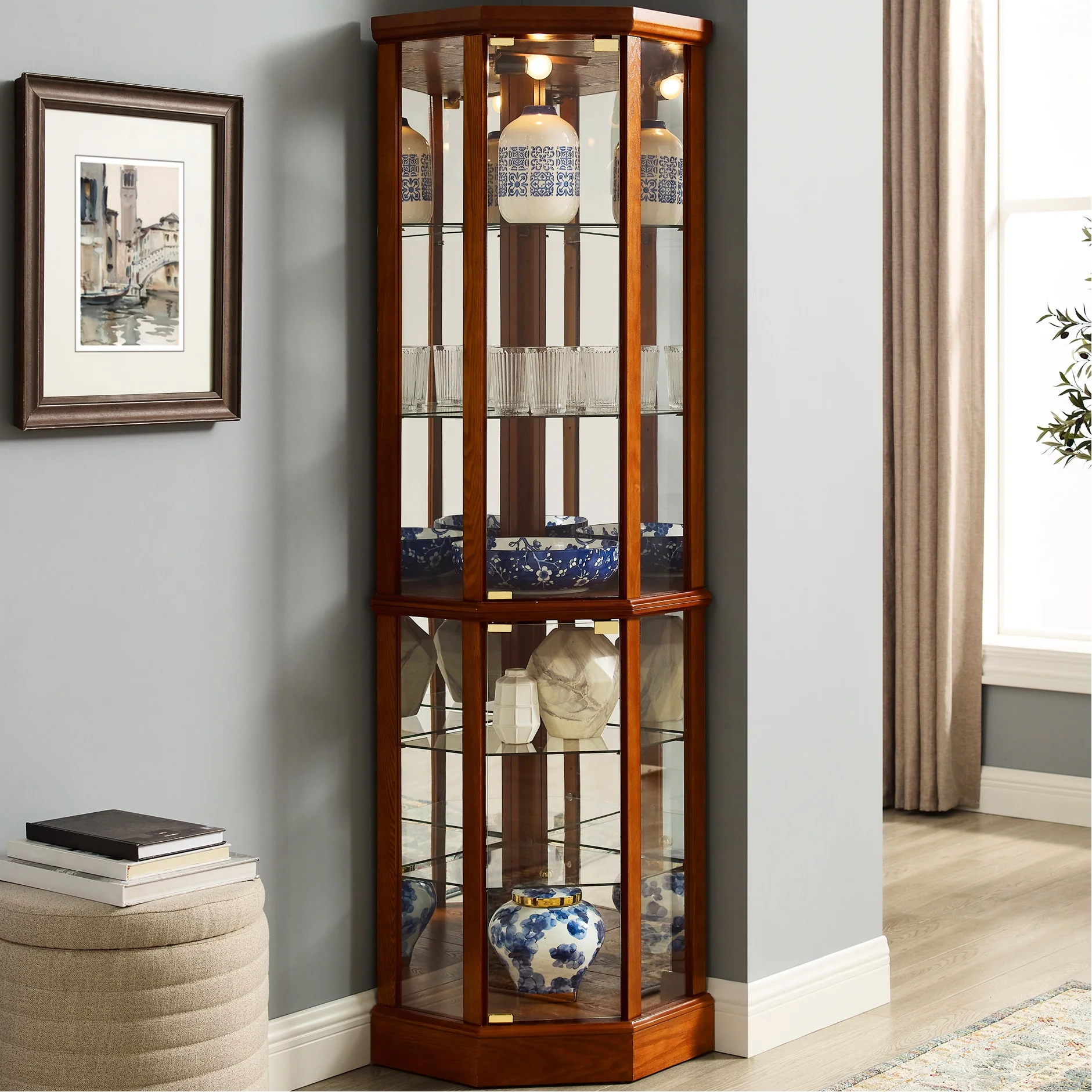 Walnut Cabinet With 6 Shelves, Adjustable Glass & Mirrored Back Design Shelf Lighted Corner Curio Shelves In - Image 18