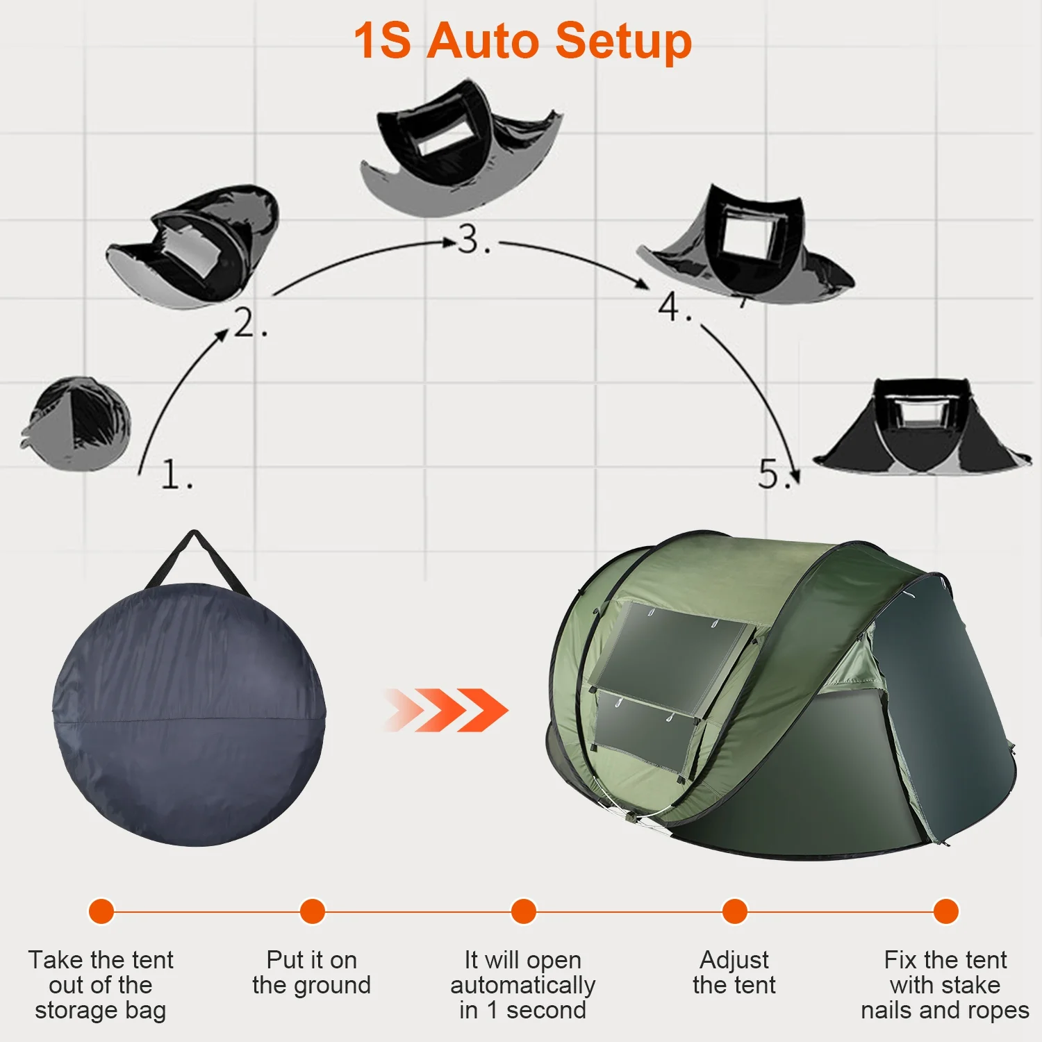 Tcbosik Easy Pop Up Tent for 5-8 Person, Automatic Setup Instant Family Tent with 2 Doors and 4 Mosquito Net Windows, Waterproof Camping Tent with Carry Bag for Hiking & Traveling, Khaki - Image 15