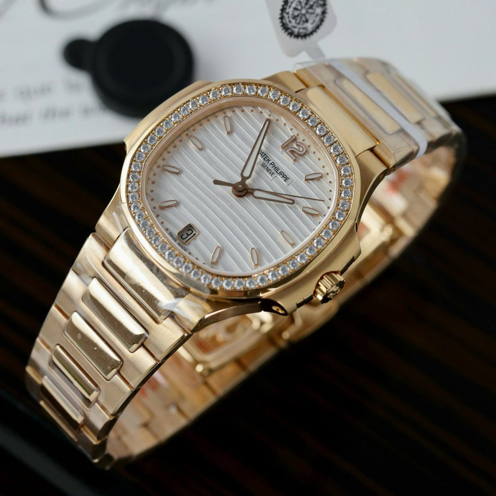 Patek Philippe Women White Dial Copies Watches Nautilus 7118 Gold Wrapped + Moissanite Diamonds 3K Factory 35.2mm - Elite Watch Atelier