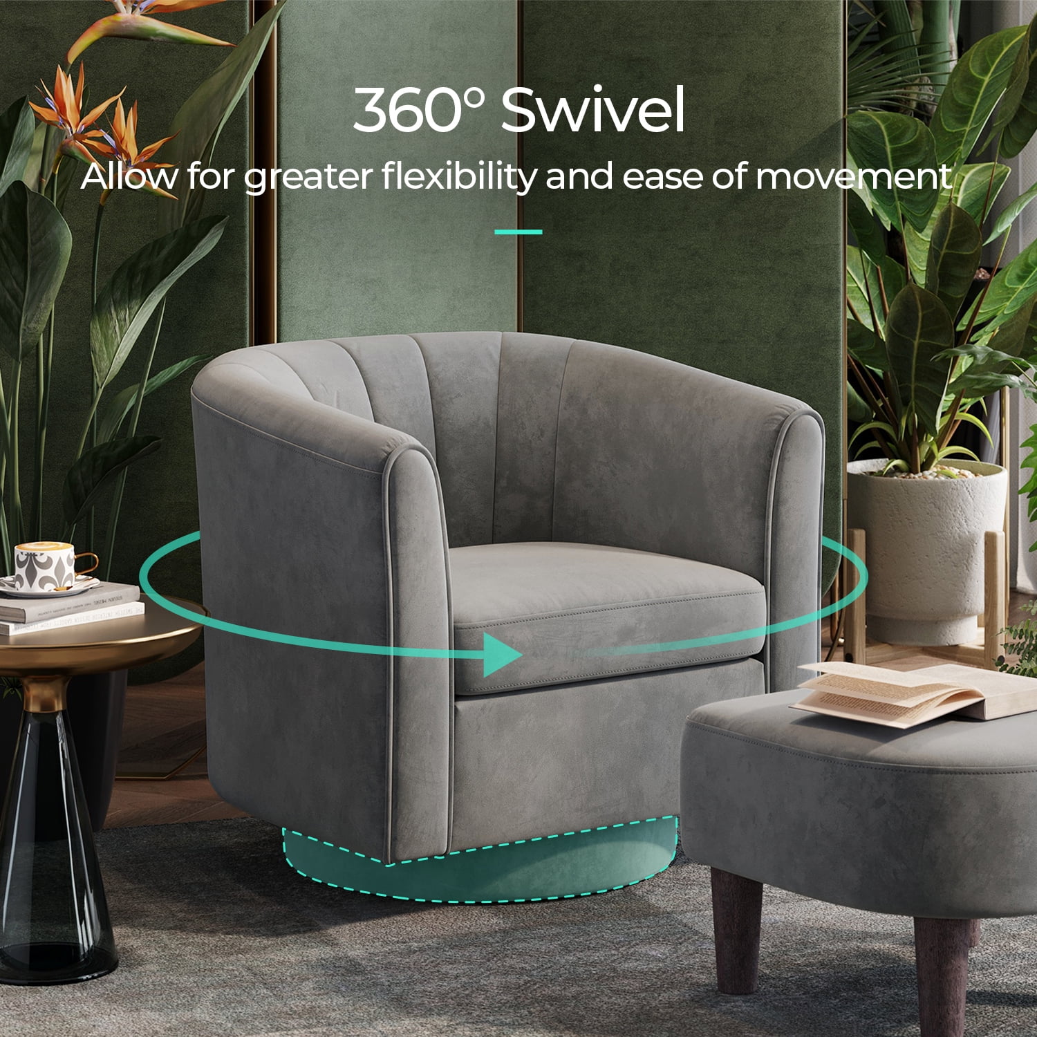 LINSY HOME Swivel Accent Chair with Ottoman, Velvet Barrel Chair for Living Room, Blue - Image 26