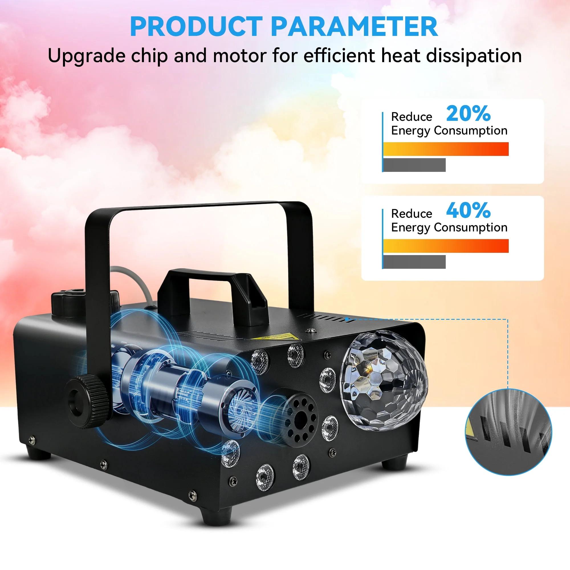 Yexmas 600W Fog Machine with Disco Ball & 8 RGB LED Lights – 2000CFM and Remote Control for Parties, Weddings, Halloween & DJ Events - Image 6 Yexmas 600W Fog Machine with Disco Ball & 8 RGB LED Lights – 2000CFM and Remote Control for Parties, Weddings, Halloween & DJ Events - Image 6