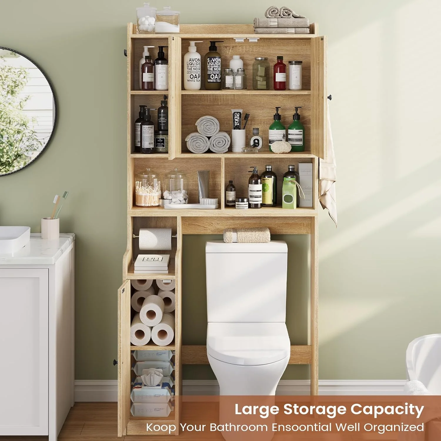Over The Toilet Storage Cabinet with 3 Doors, Farmhouse Space Saver for Bathroom Organizer with Paper Holder, 10 Shelves and Hooks, 7-Tier Over Washing Machine Cabinet for Laundry, Bathroom, Natural - Image 4