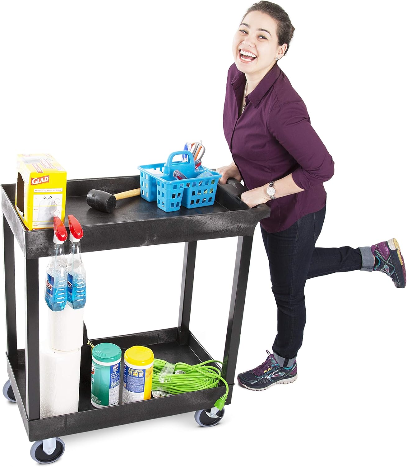 Stand Steady Tubstr 2 Shelf Utility Cart Supports Up to 250 lbs - Heavy-Duty Plastic Service Push Cart with Deep Shelves and 5
