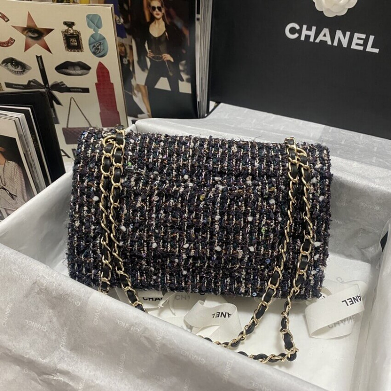 Replica Chanel Classic Flap Bag In Navy Blue Multicolor Glittered Tweed 11121:1High-quality replica
